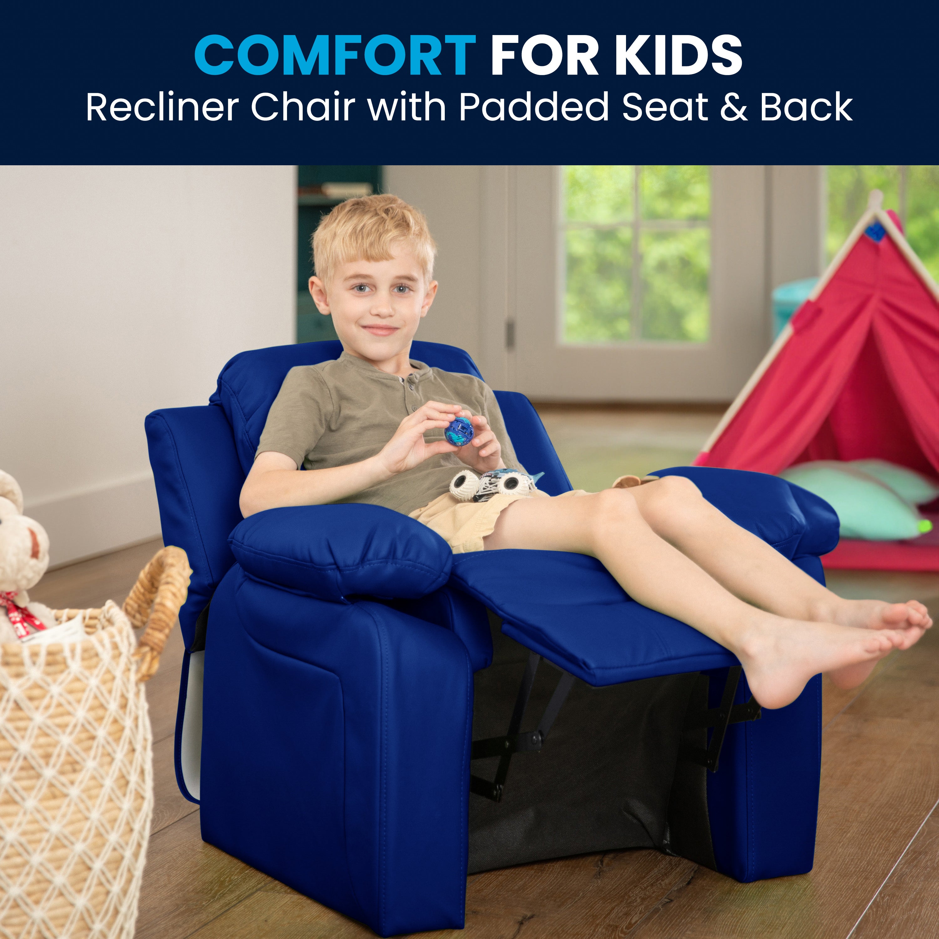 Charlie Deluxe Padded Contemporary Blue Vinyl Kids Recliner with Storage Arms