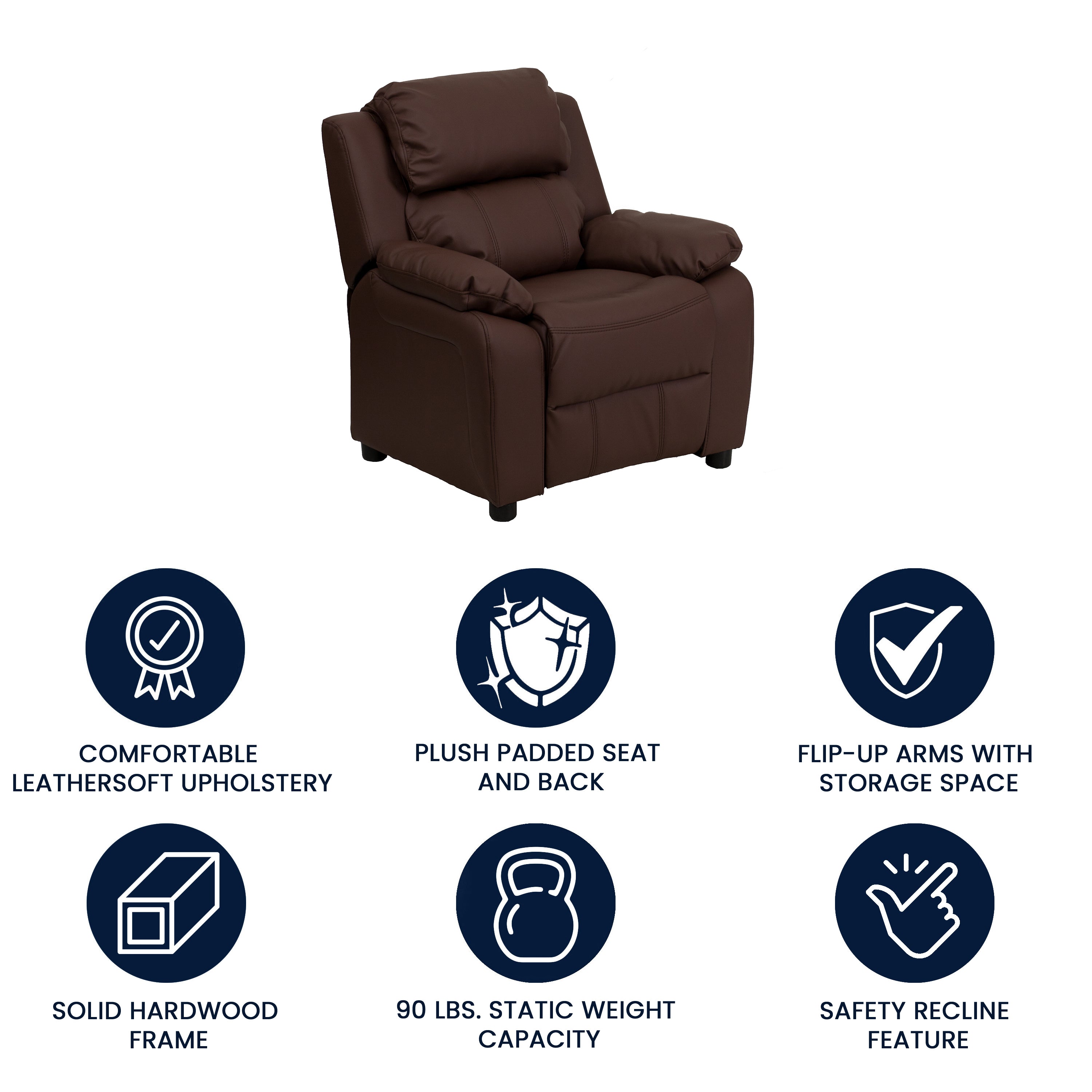 Charlie Deluxe Padded Contemporary Brown LeatherSoft Kids Recliner with Storage Arms