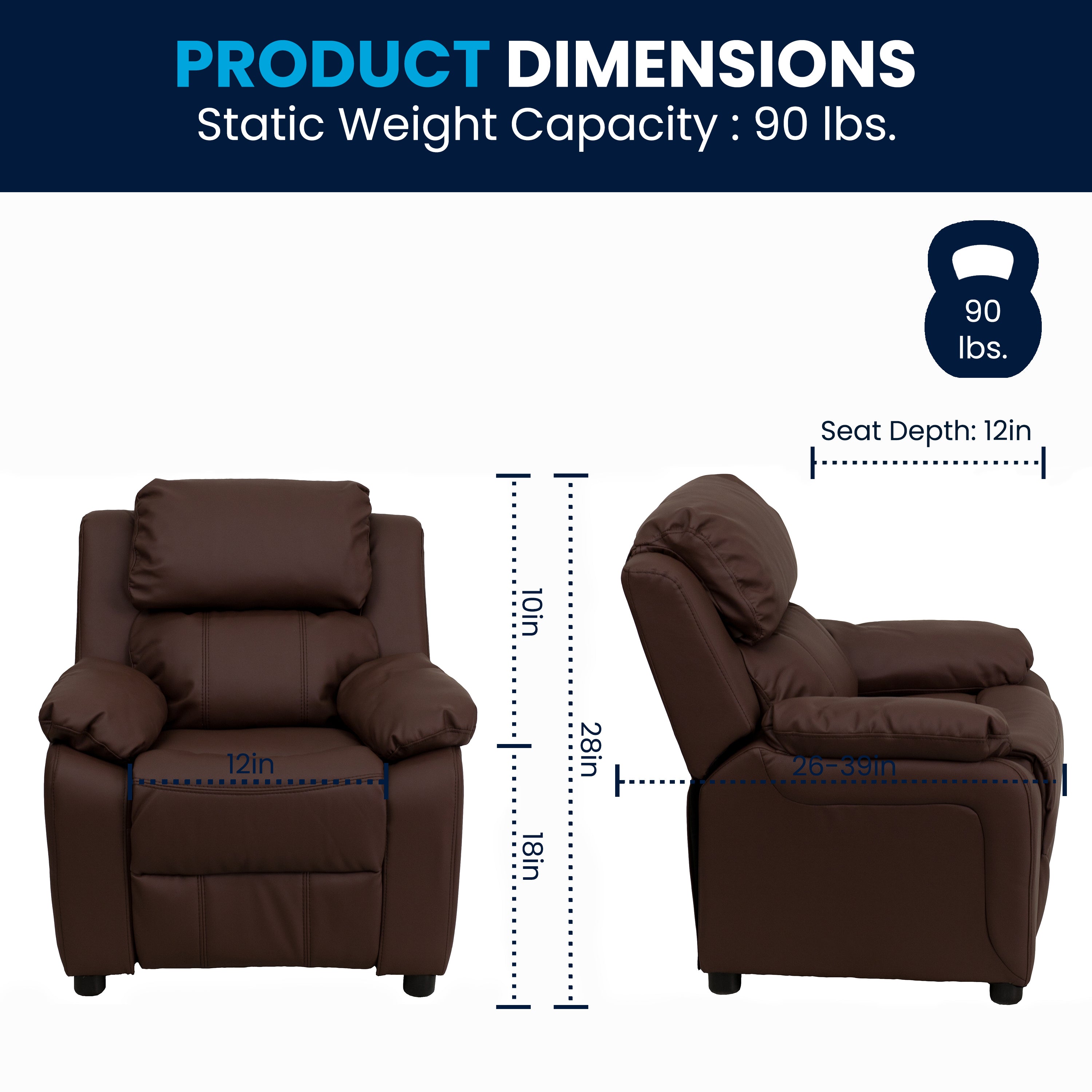 Charlie Deluxe Padded Contemporary Brown LeatherSoft Kids Recliner with Storage Arms