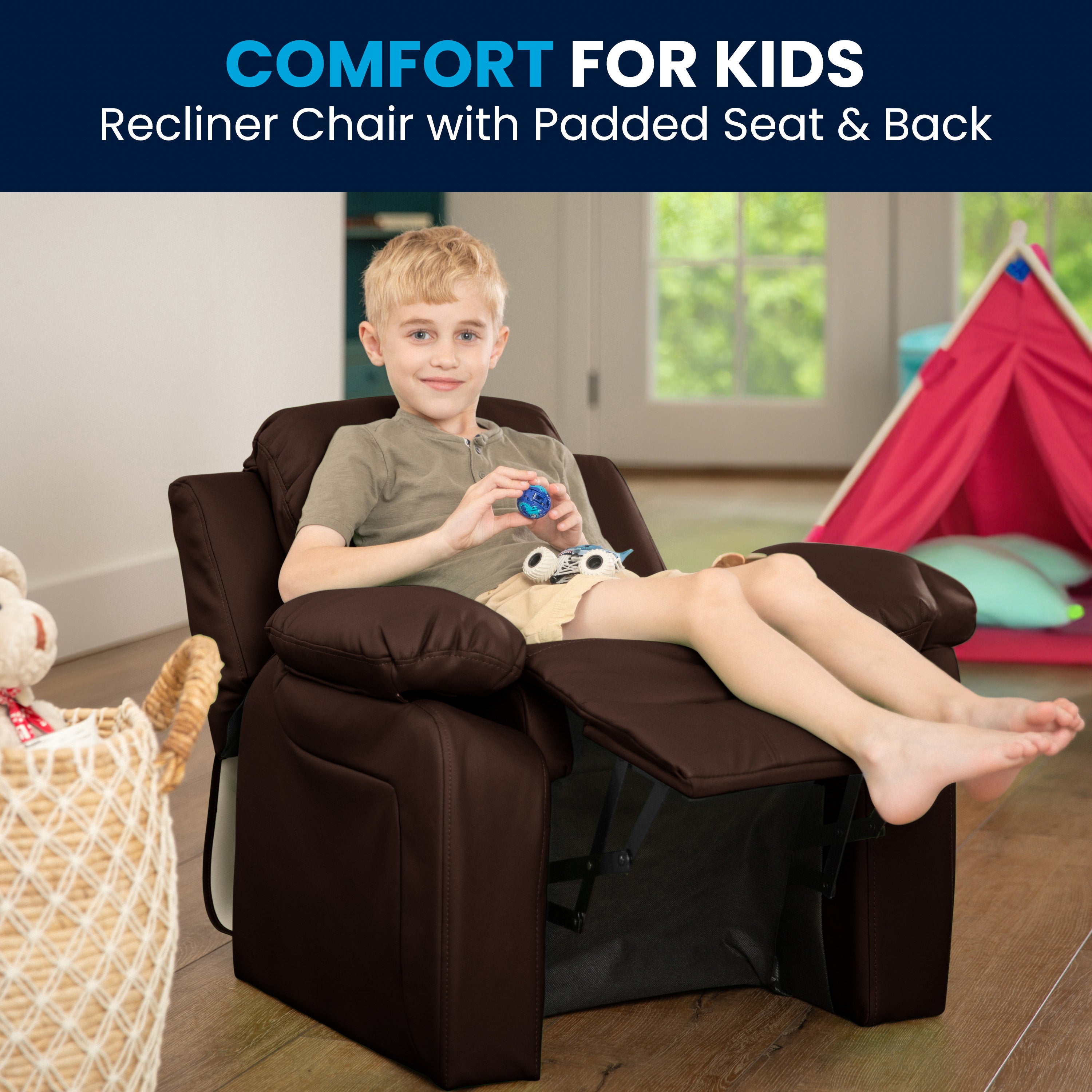 Charlie Deluxe Padded Contemporary Brown LeatherSoft Kids Recliner with Storage Arms