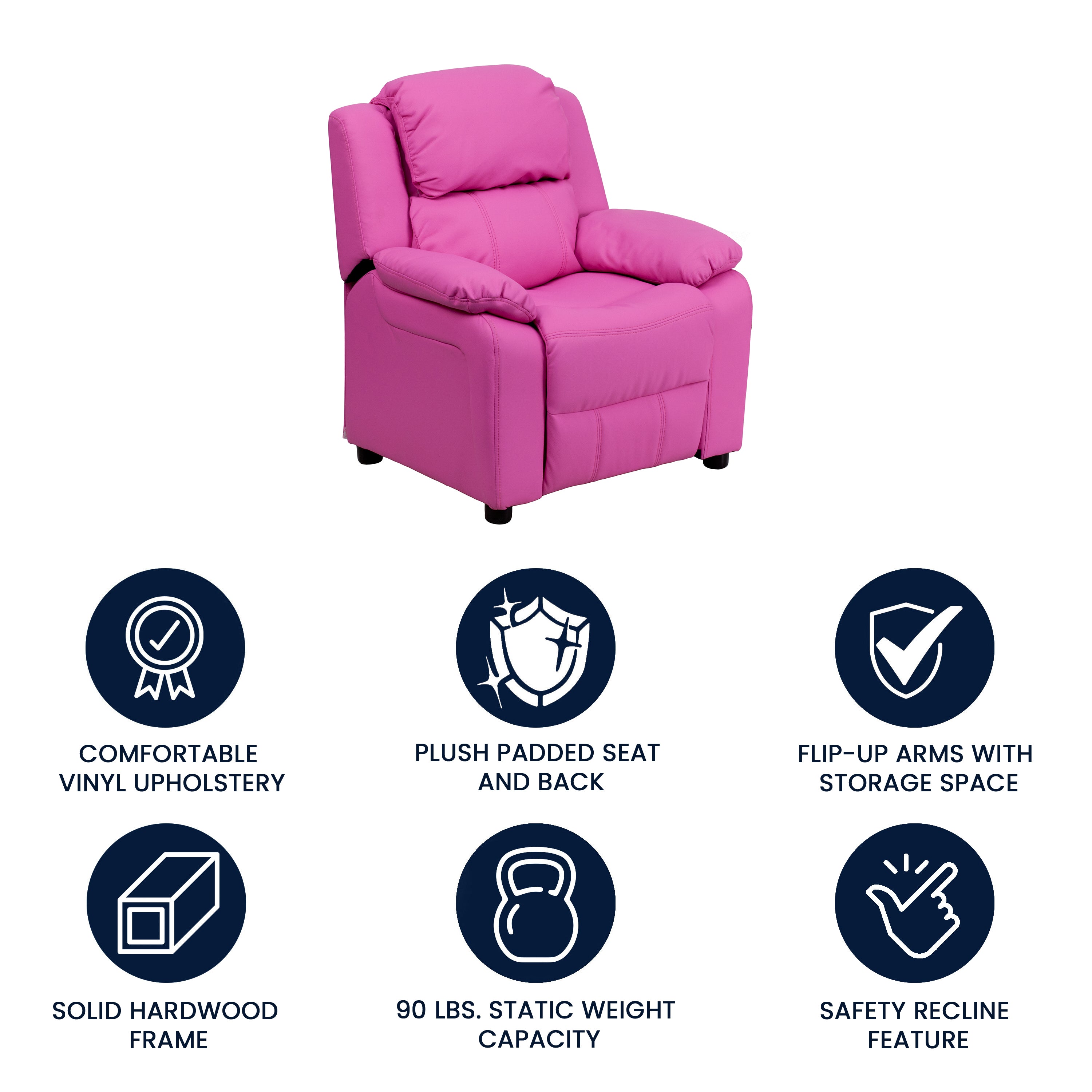 Charlie Deluxe Padded Contemporary Hot Pink Vinyl Kids Recliner with Storage Arms