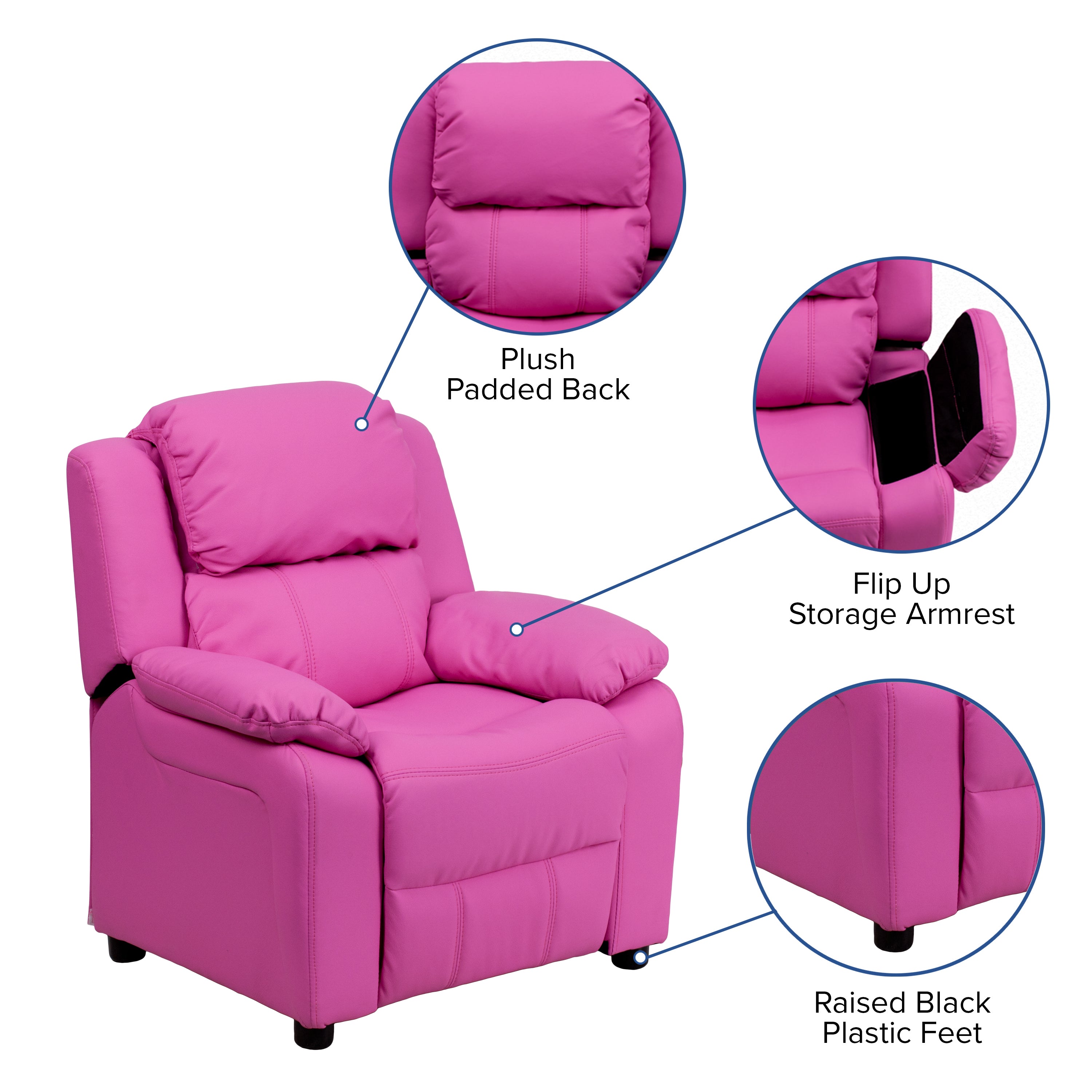 Charlie Deluxe Padded Contemporary Hot Pink Vinyl Kids Recliner with Storage Arms
