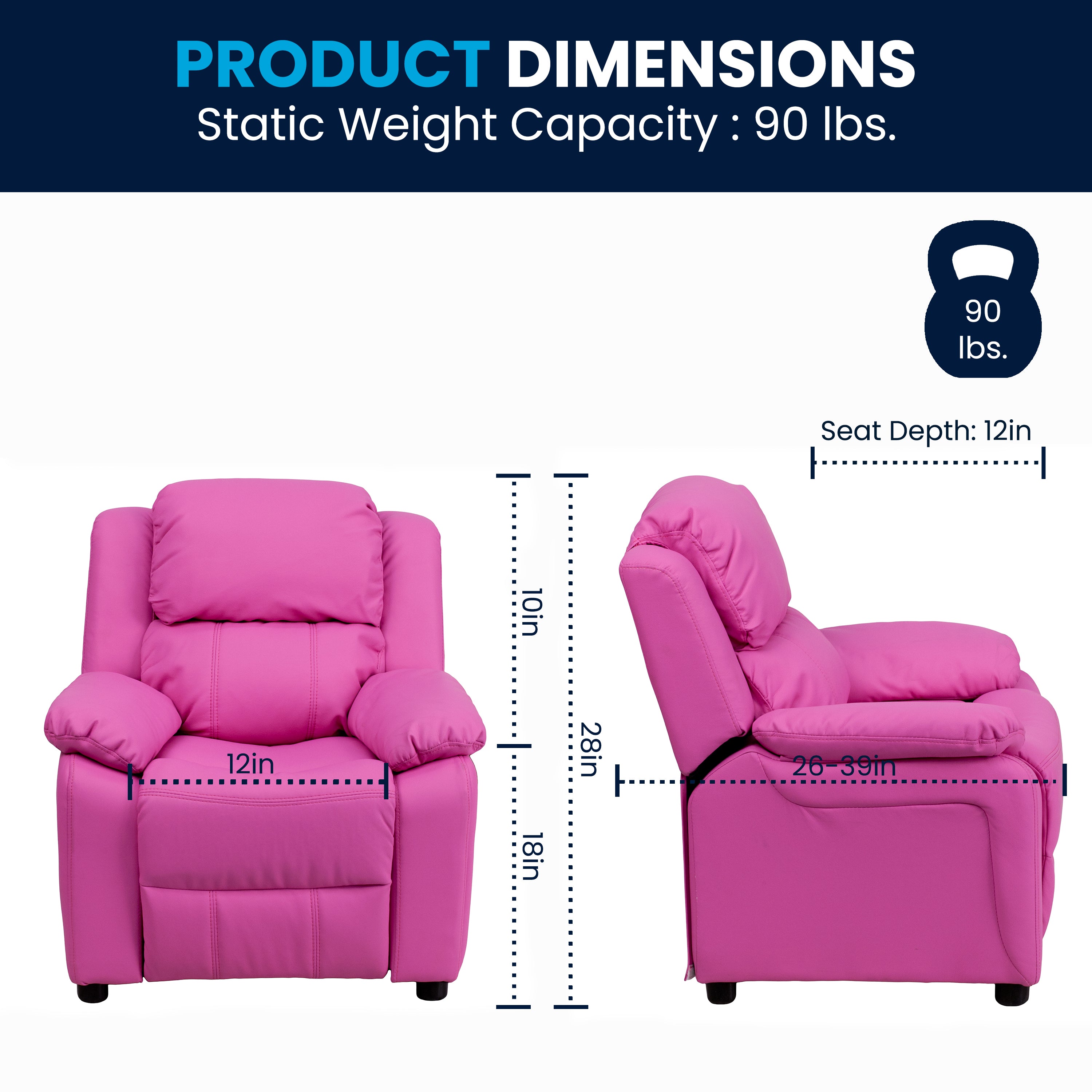 Charlie Deluxe Padded Contemporary Hot Pink Vinyl Kids Recliner with Storage Arms