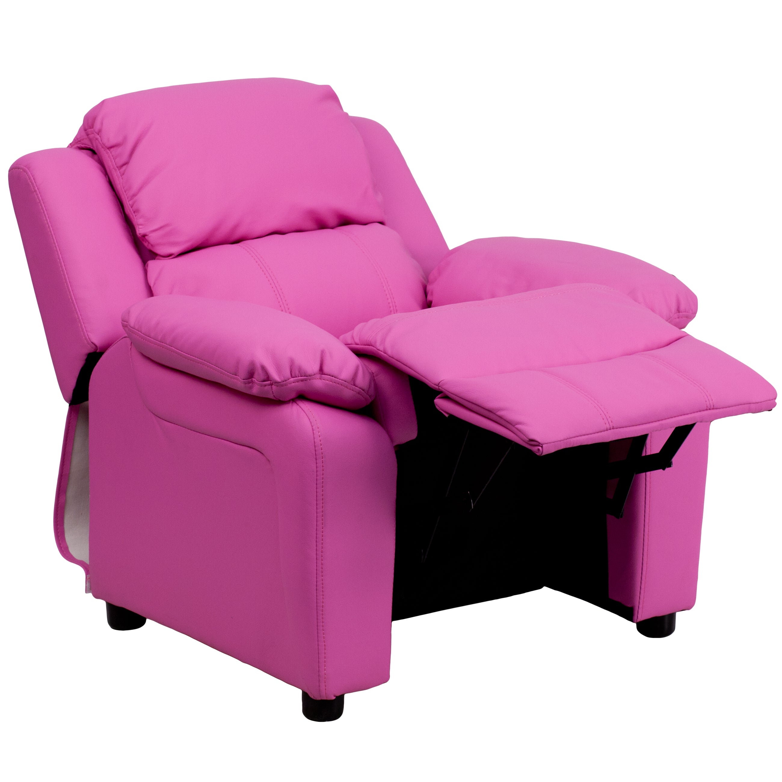Charlie Deluxe Padded Contemporary Hot Pink Vinyl Kids Recliner with Storage Arms