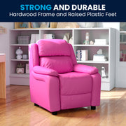 Charlie Deluxe Padded Contemporary Hot Pink Vinyl Kids Recliner with Storage Arms