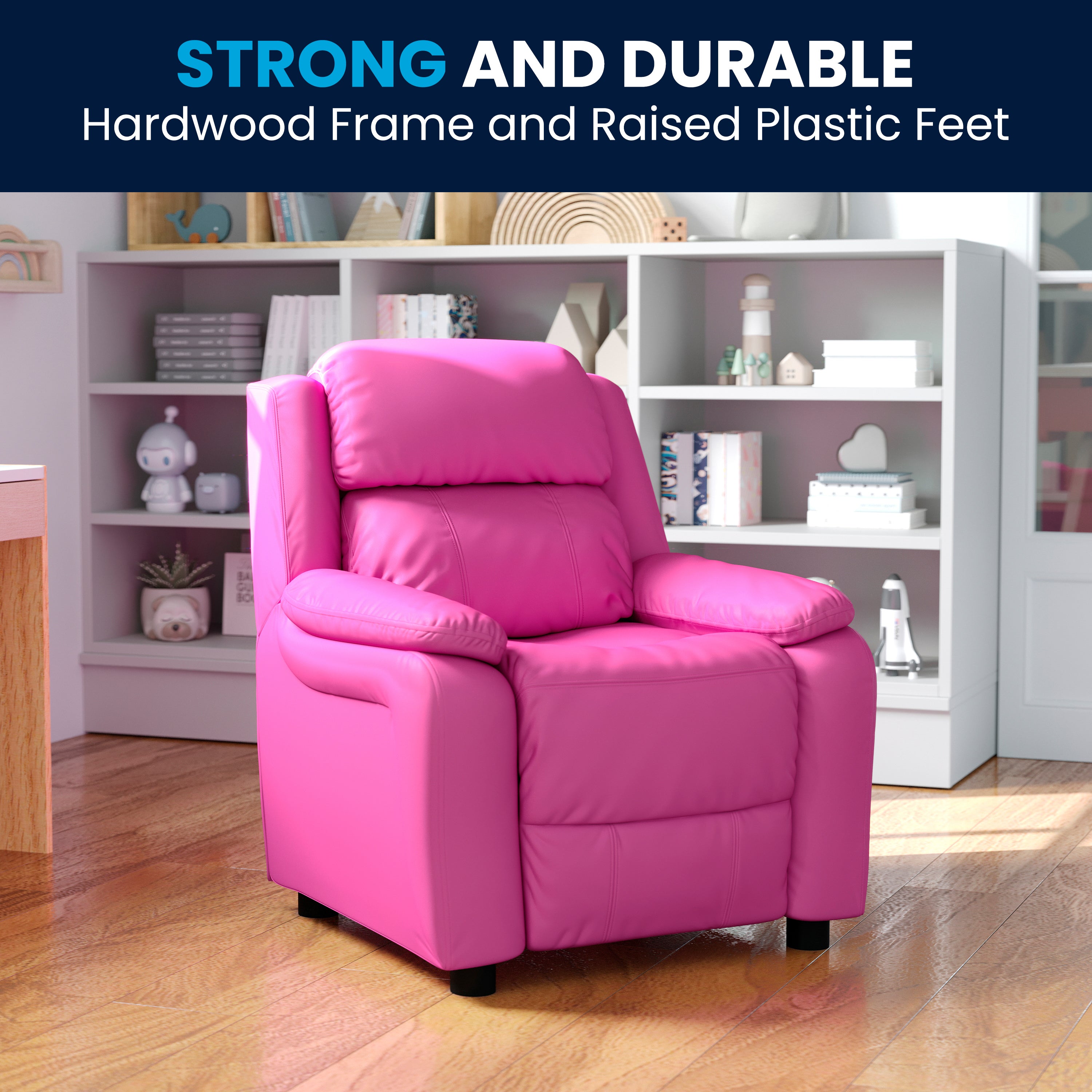 Charlie Deluxe Padded Contemporary Hot Pink Vinyl Kids Recliner with Storage Arms