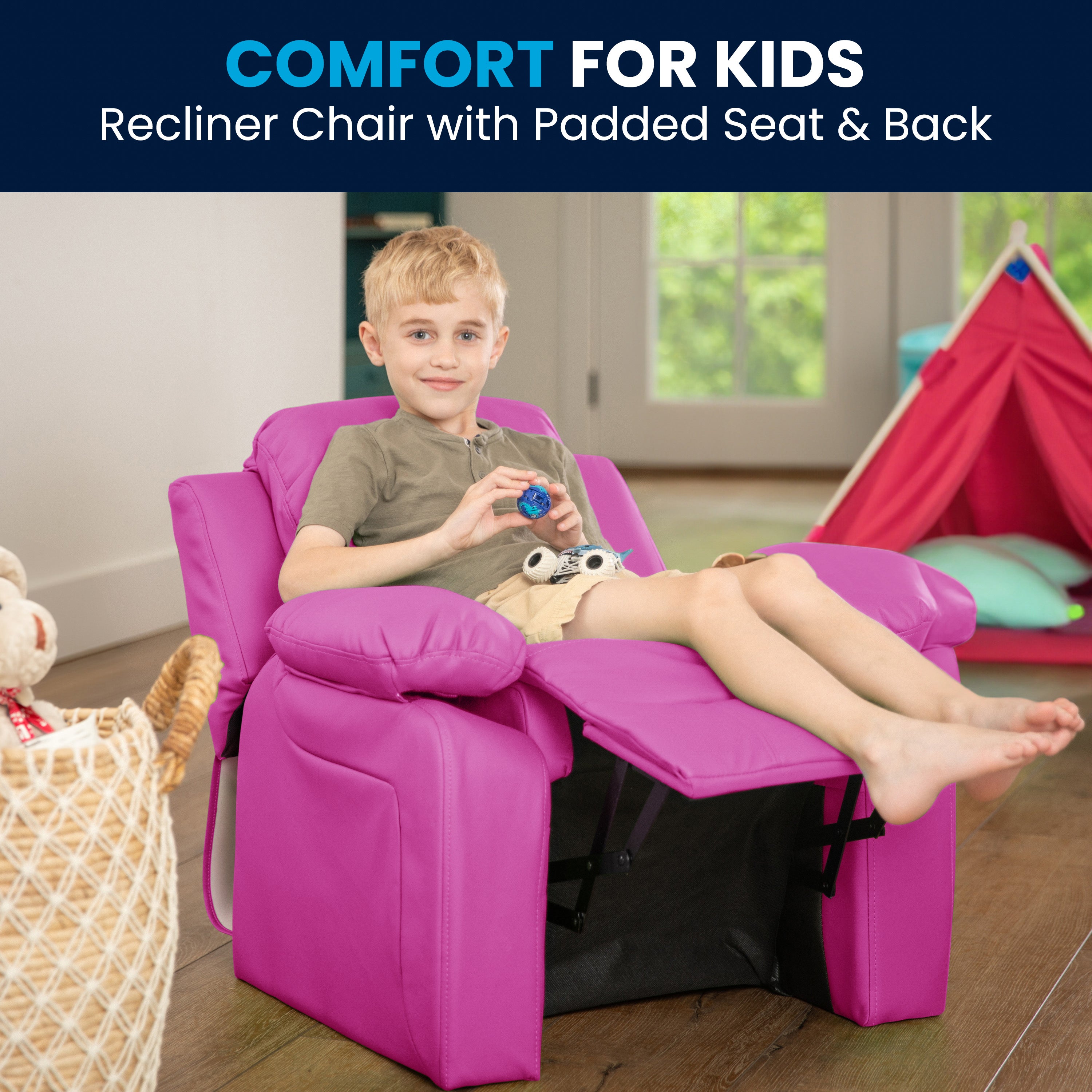 Charlie Deluxe Padded Contemporary Hot Pink Vinyl Kids Recliner with Storage Arms