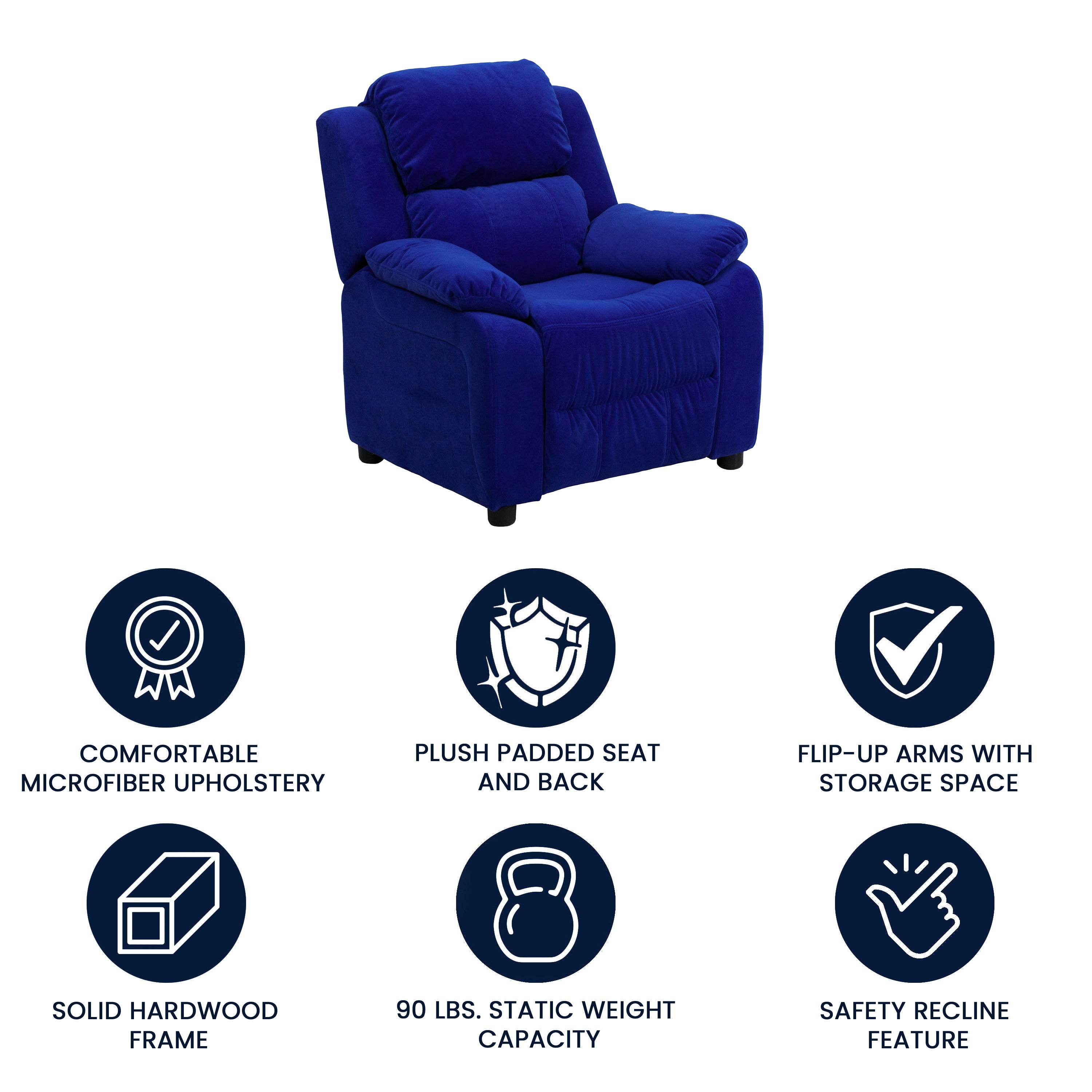 Charlie Deluxe Padded Contemporary Blue Microfiber Kids Recliner with Storage Arms