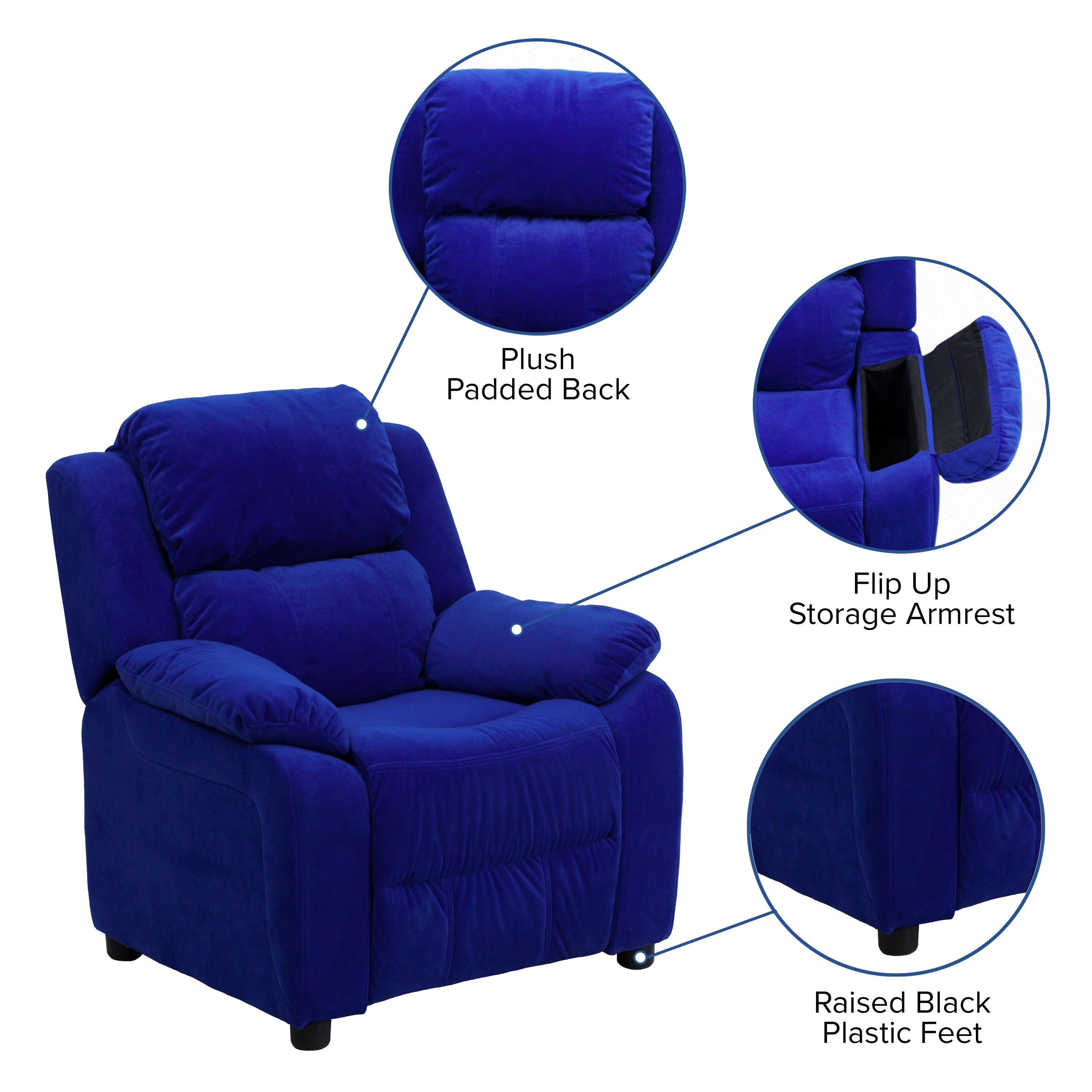 Charlie Deluxe Padded Contemporary Blue Microfiber Kids Recliner with Storage Arms