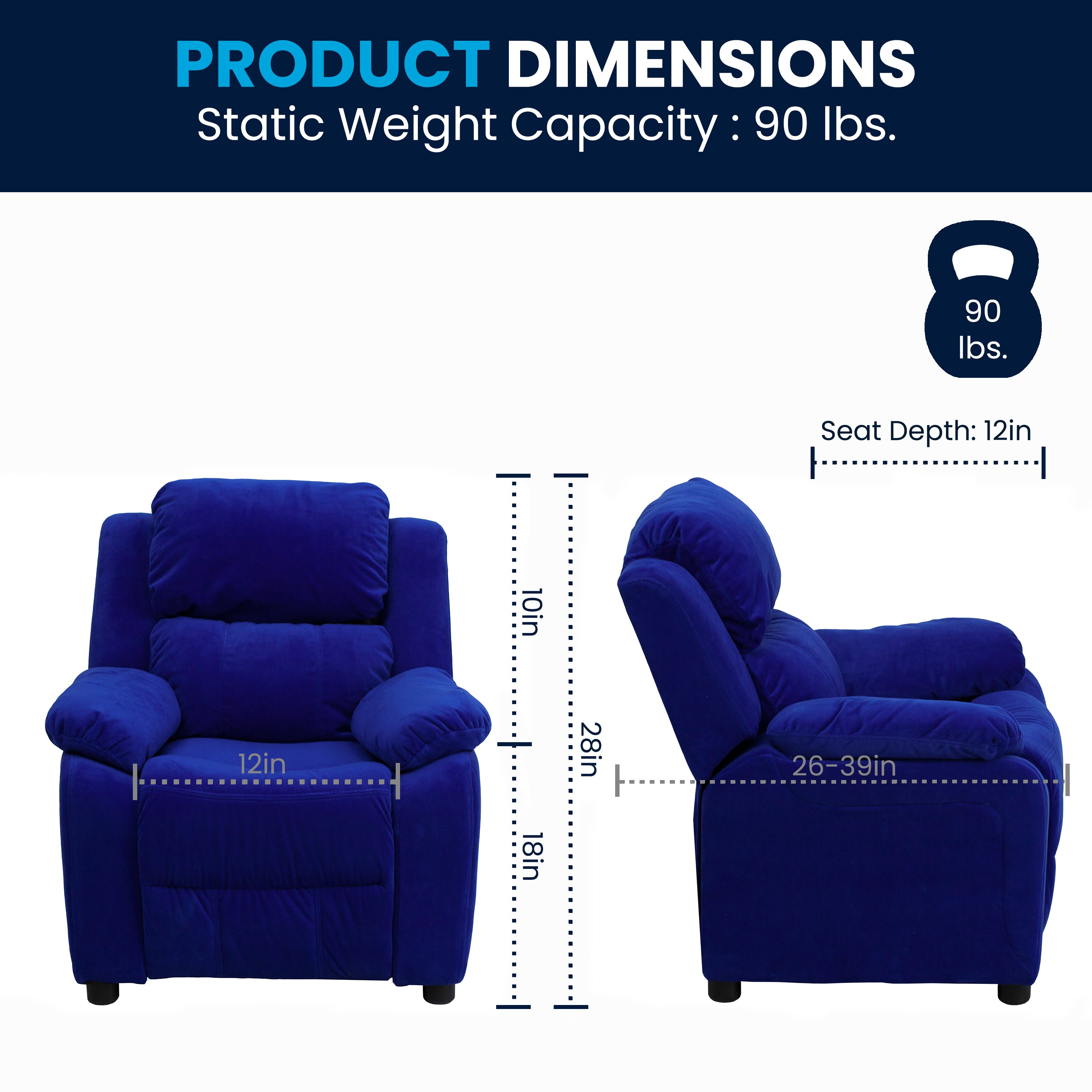Charlie Deluxe Padded Contemporary Blue Microfiber Kids Recliner with Storage Arms