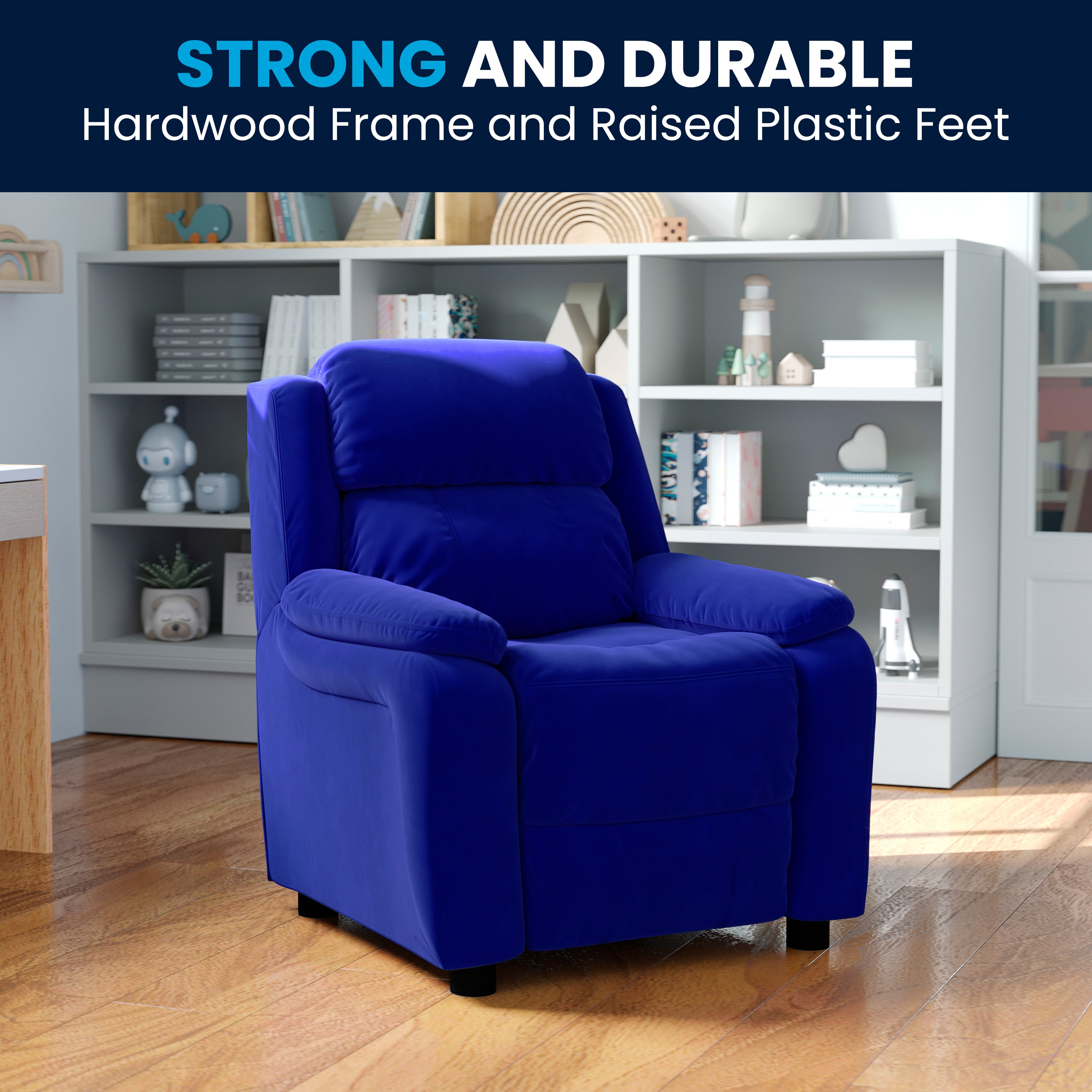 Charlie Deluxe Padded Contemporary Blue Microfiber Kids Recliner with Storage Arms