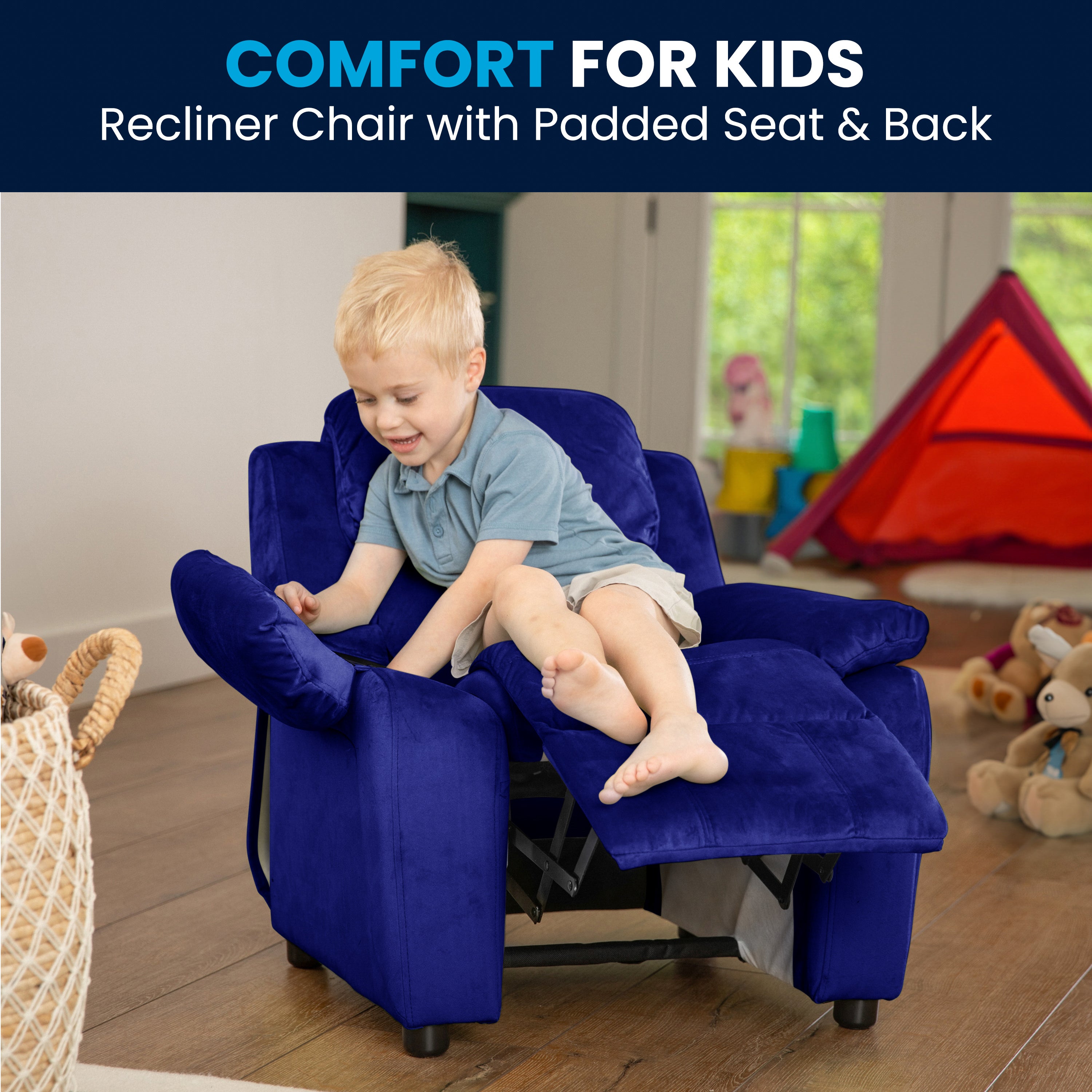 Charlie Deluxe Padded Contemporary Blue Microfiber Kids Recliner with Storage Arms