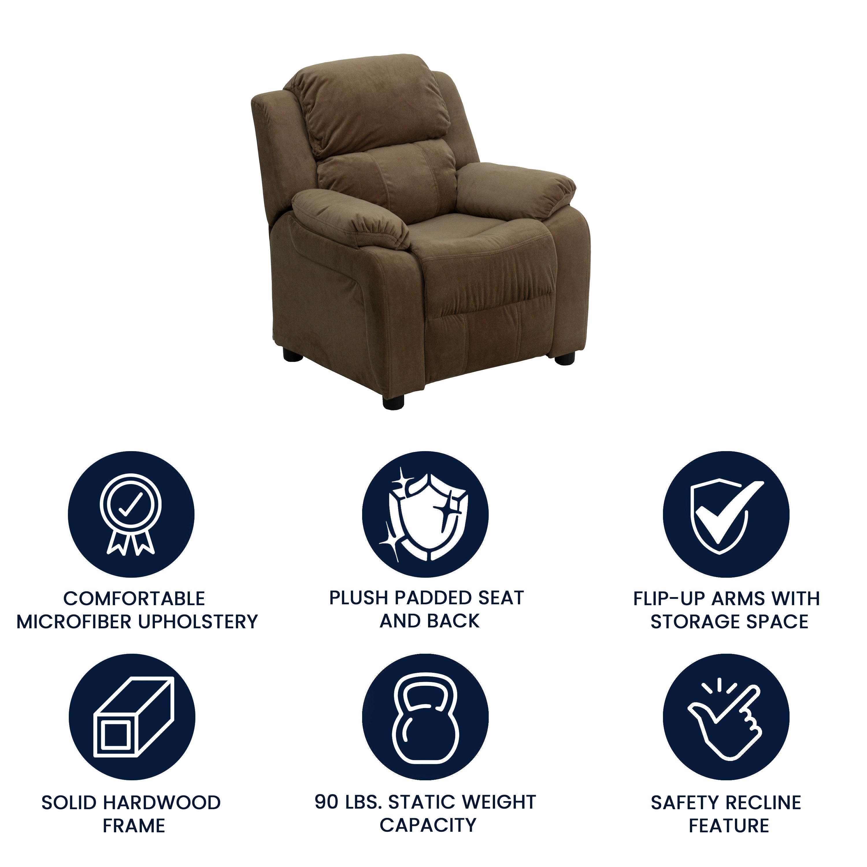 Charlie Deluxe Padded Contemporary Brown Microfiber Kids Recliner with Storage Arms