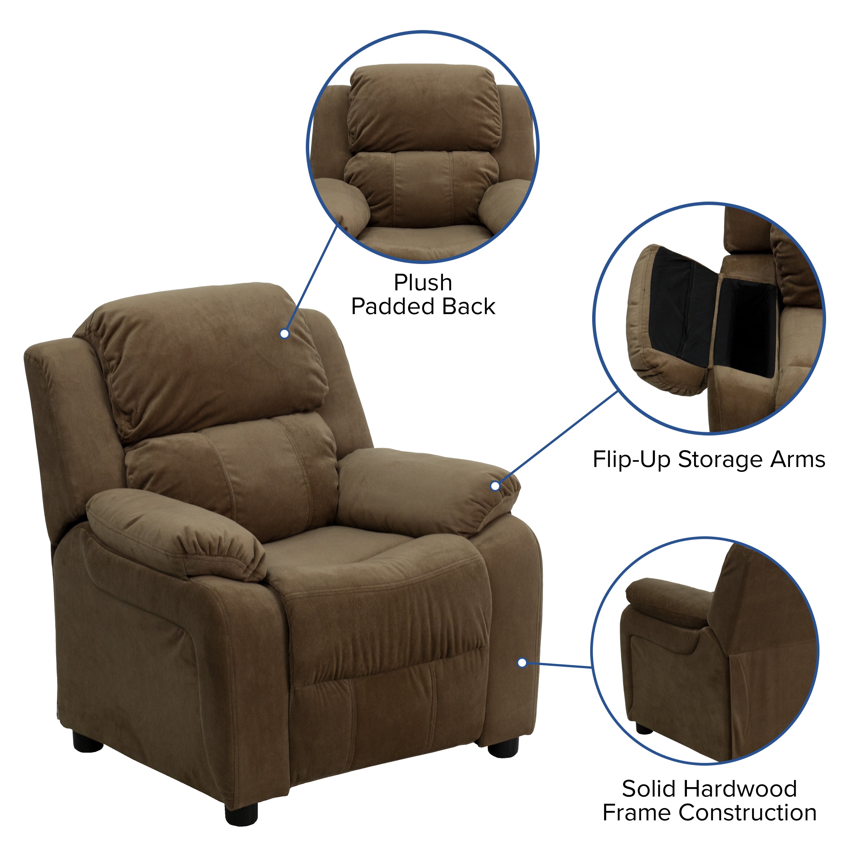 Charlie Deluxe Padded Contemporary Brown Microfiber Kids Recliner with Storage Arms