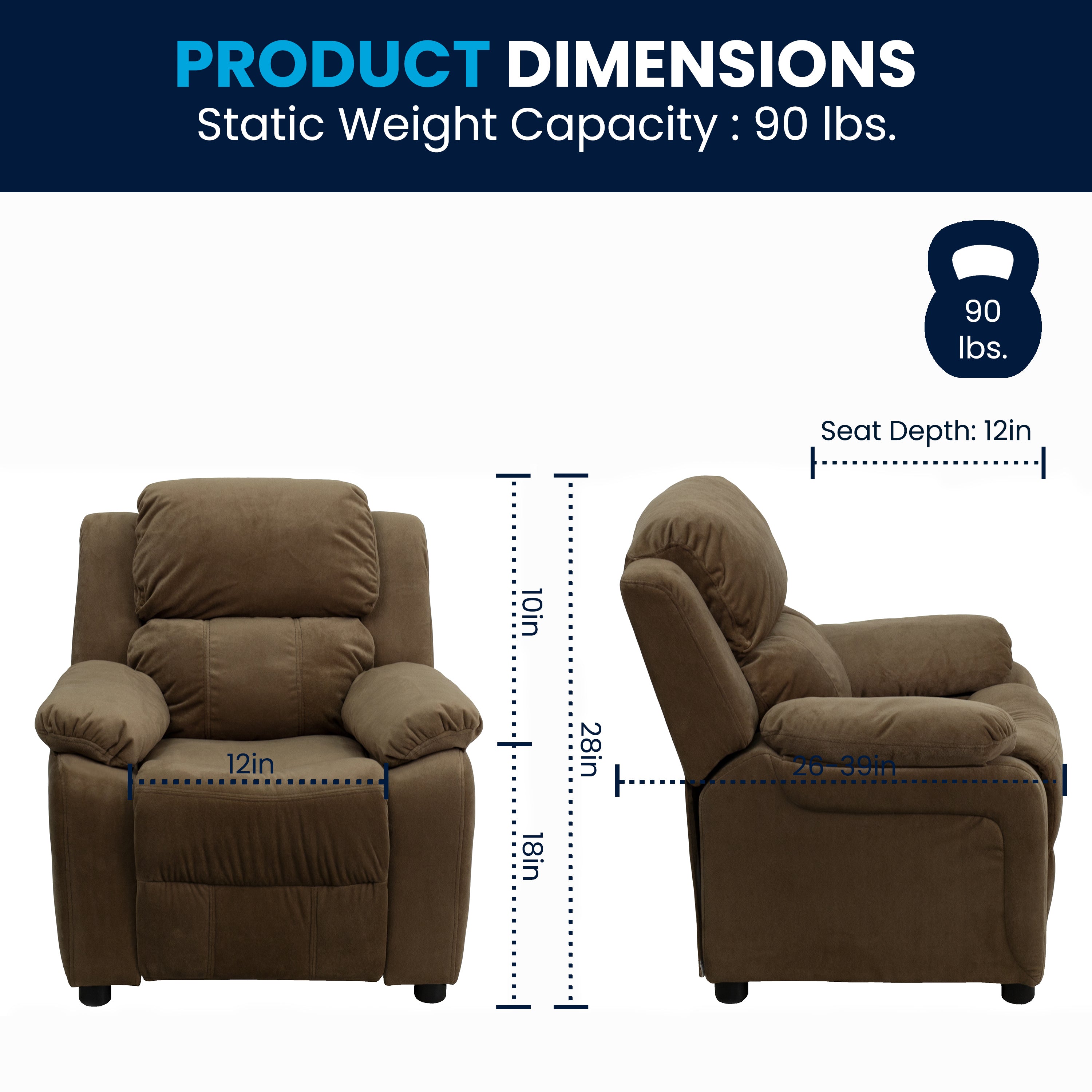 Charlie Deluxe Padded Contemporary Brown Microfiber Kids Recliner with Storage Arms