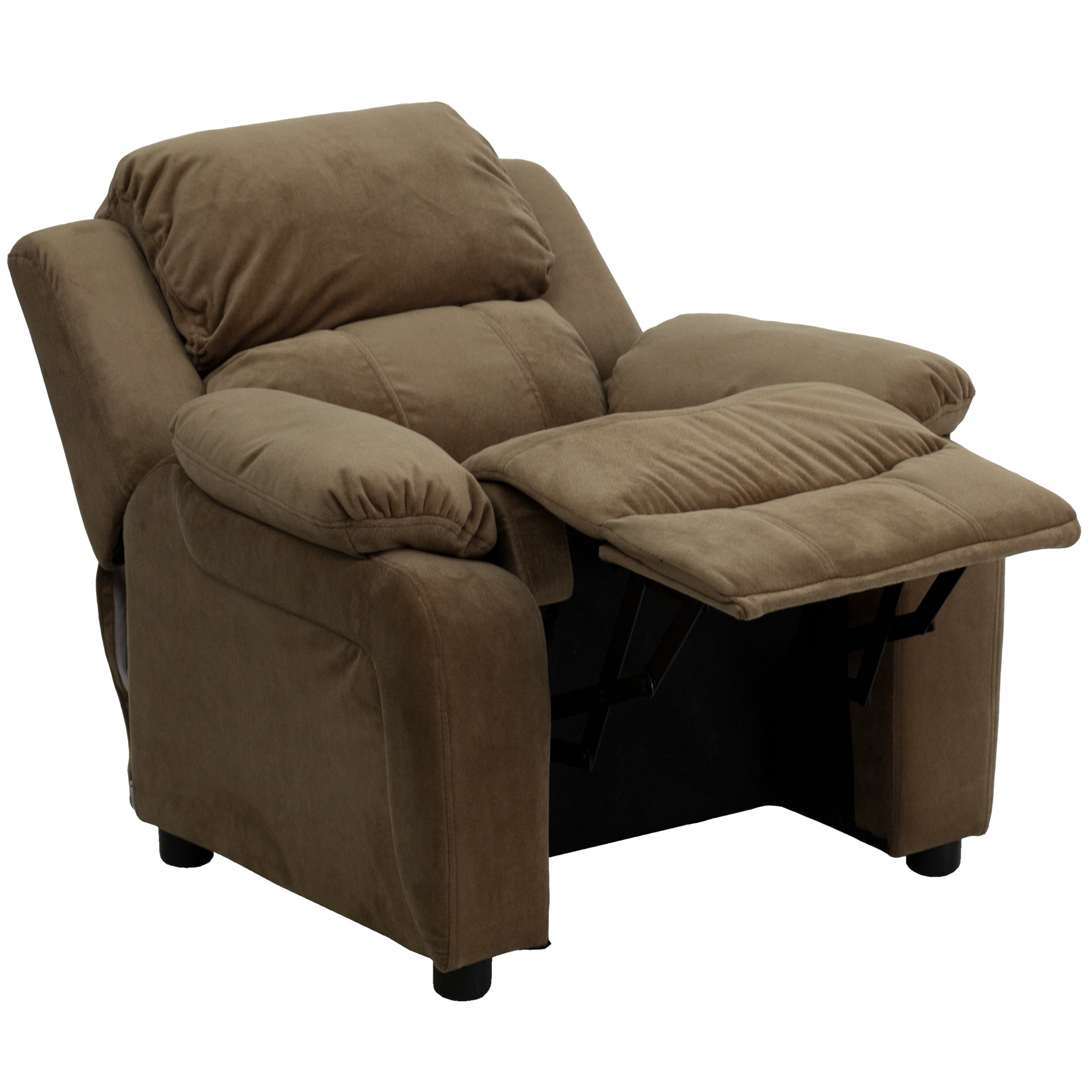 Charlie Deluxe Padded Contemporary Brown Microfiber Kids Recliner with Storage Arms