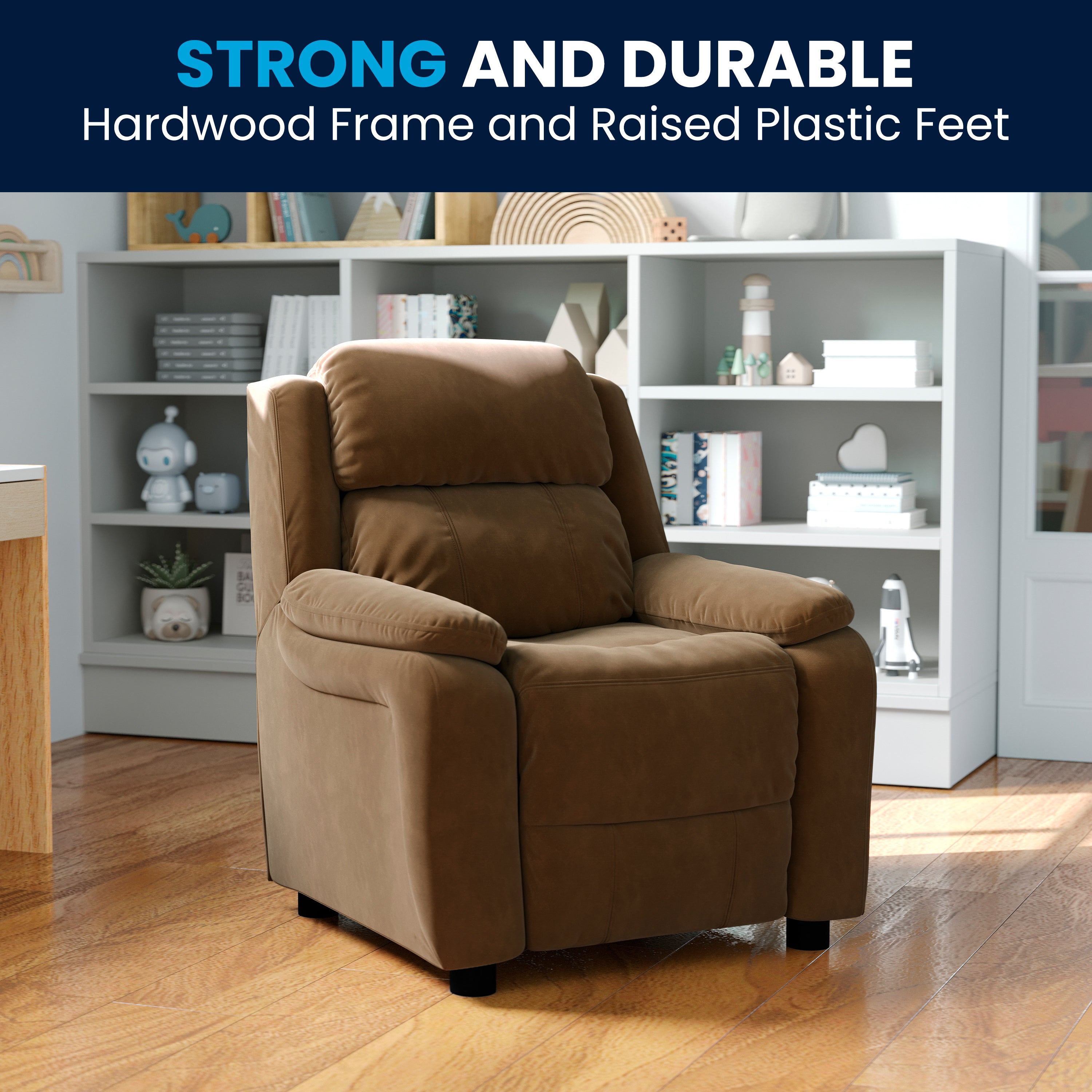 Charlie Deluxe Padded Contemporary Brown Microfiber Kids Recliner with Storage Arms