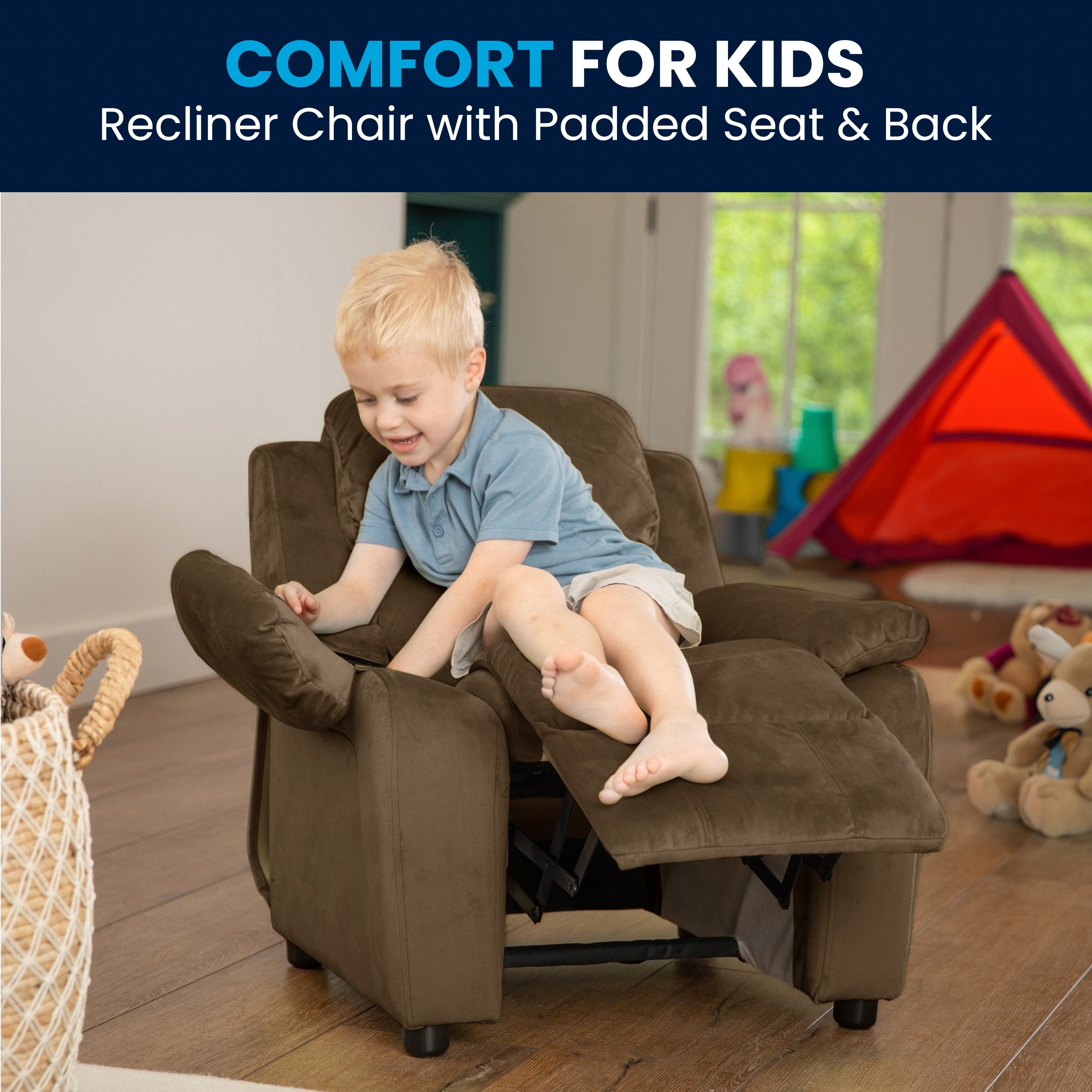 Charlie Deluxe Padded Contemporary Brown Microfiber Kids Recliner with Storage Arms