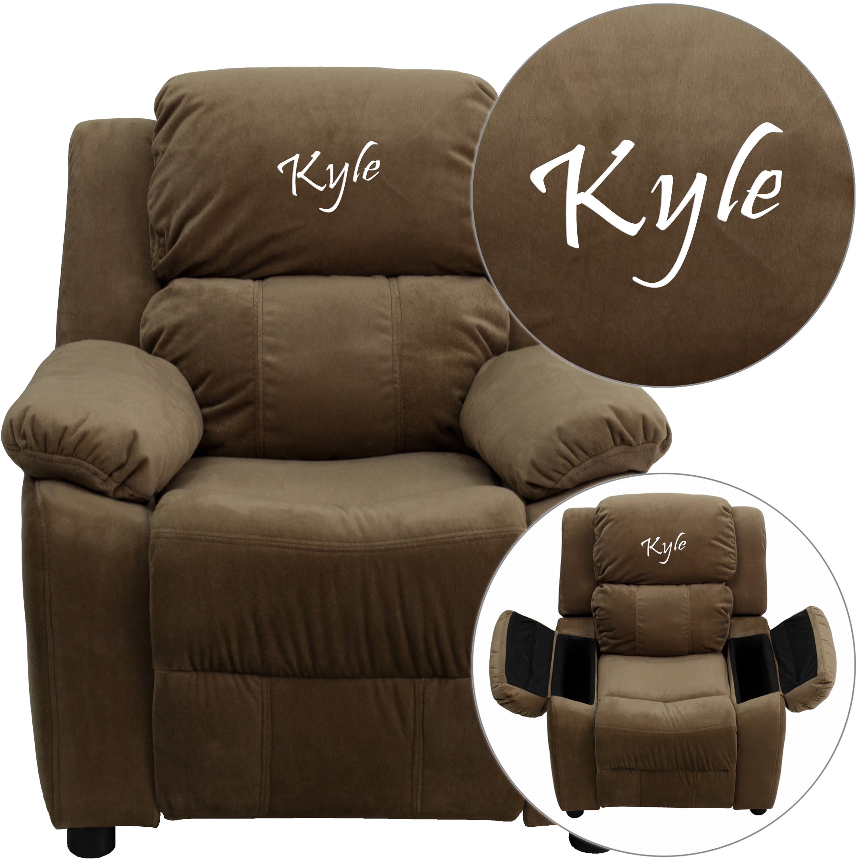 Personalized Deluxe Padded Brown Microfiber Kids Recliner with Storage Arms