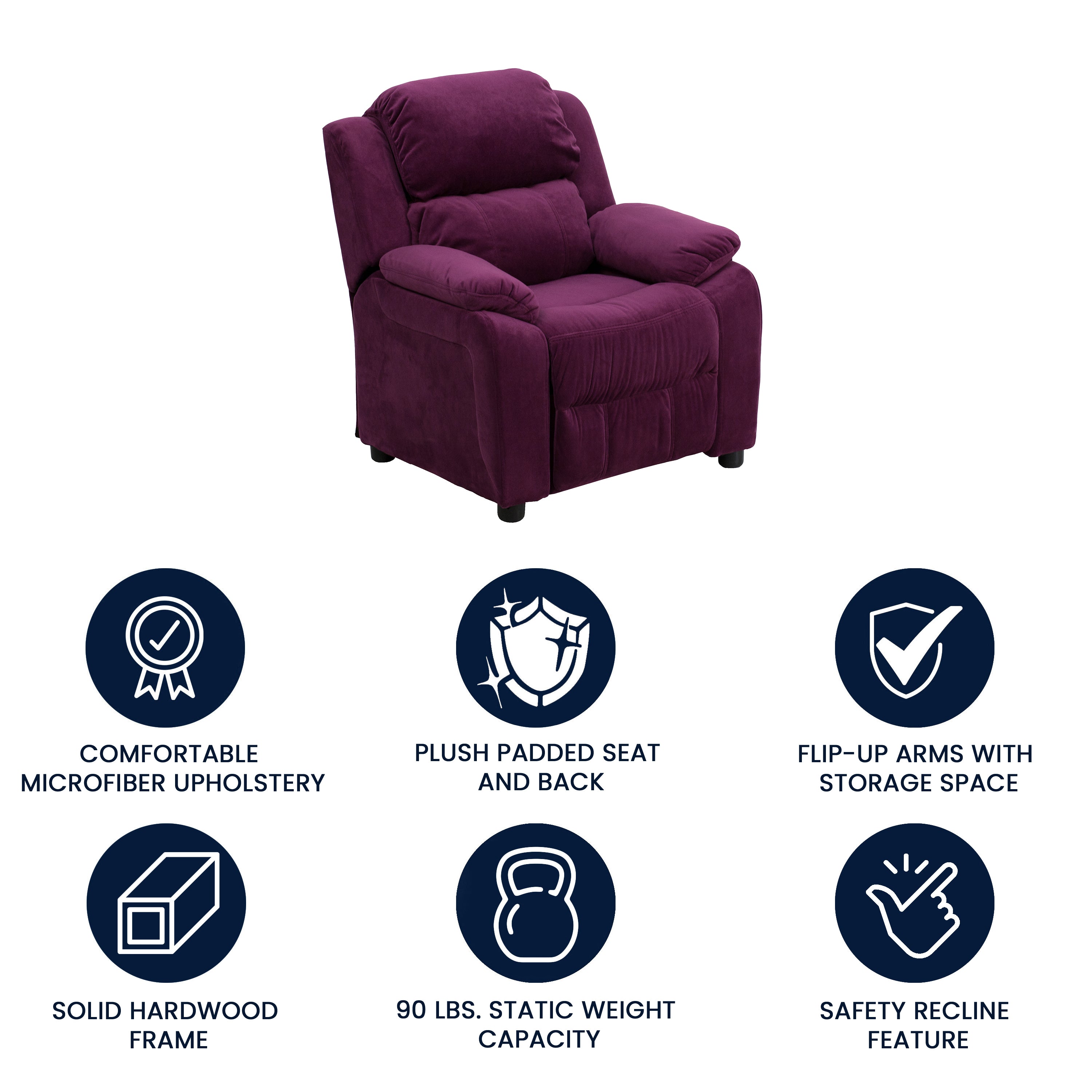 Charlie Deluxe Padded Contemporary Purple Microfiber Kids Recliner with Storage Arms