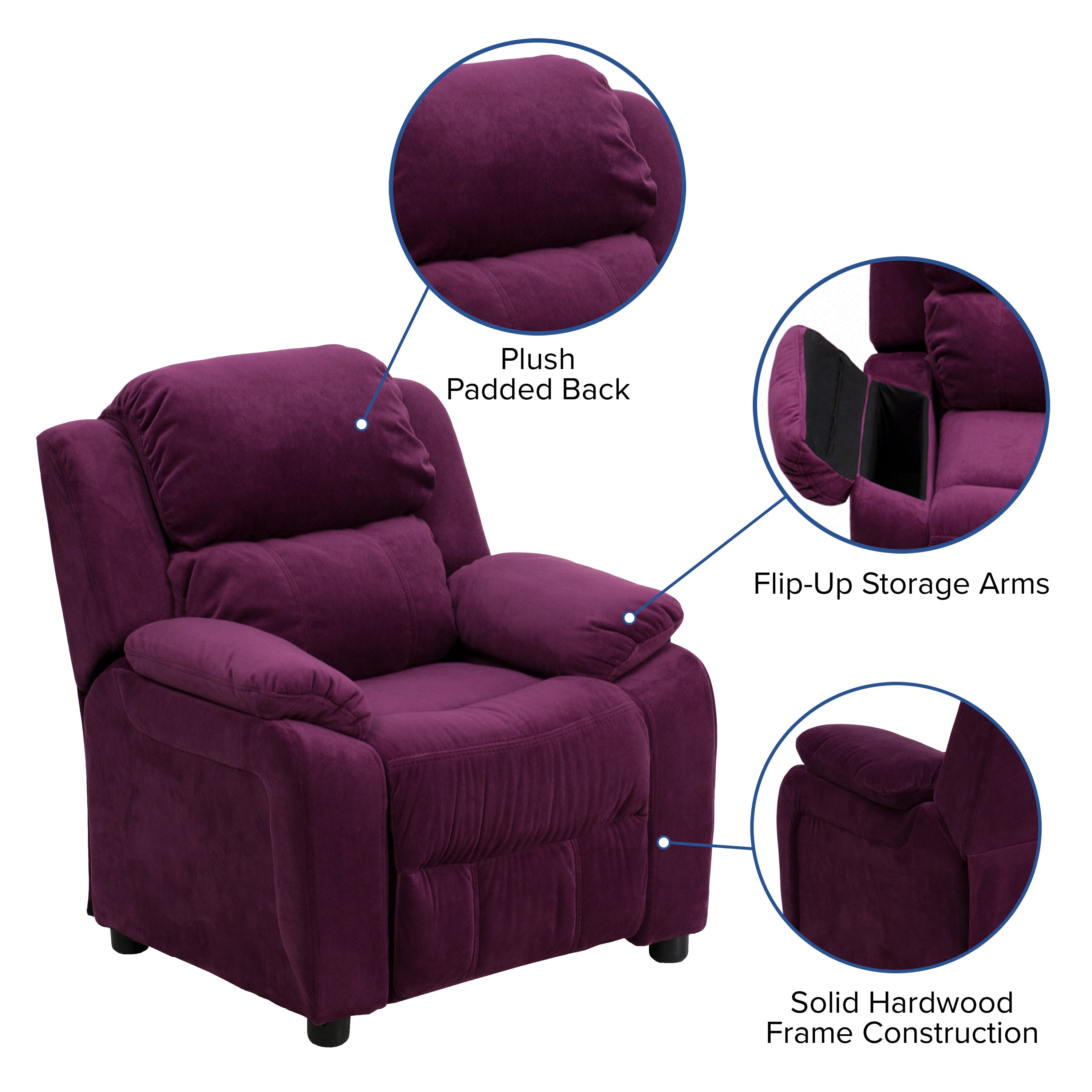 Charlie Deluxe Padded Contemporary Purple Microfiber Kids Recliner with Storage Arms