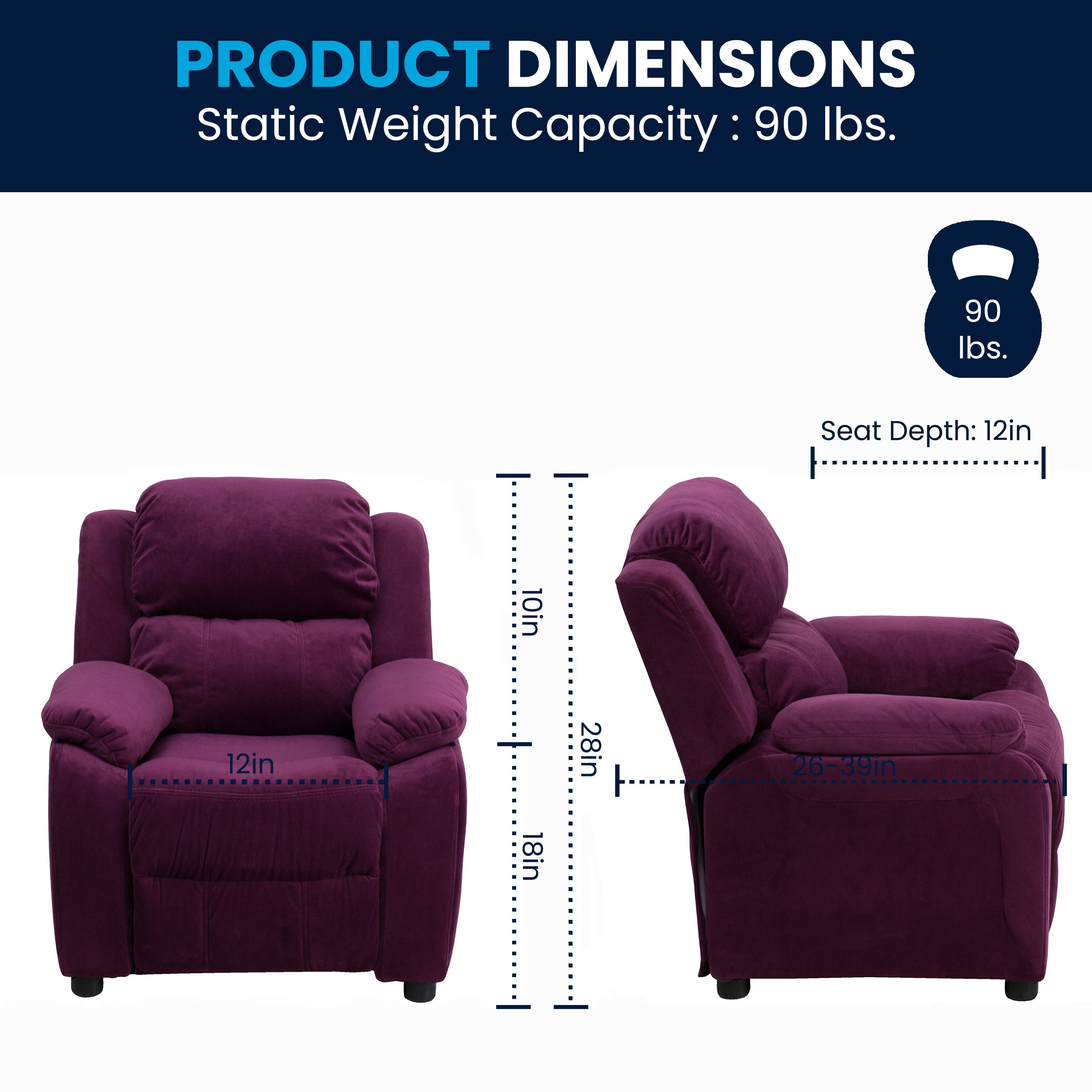 Charlie Deluxe Padded Contemporary Purple Microfiber Kids Recliner with Storage Arms