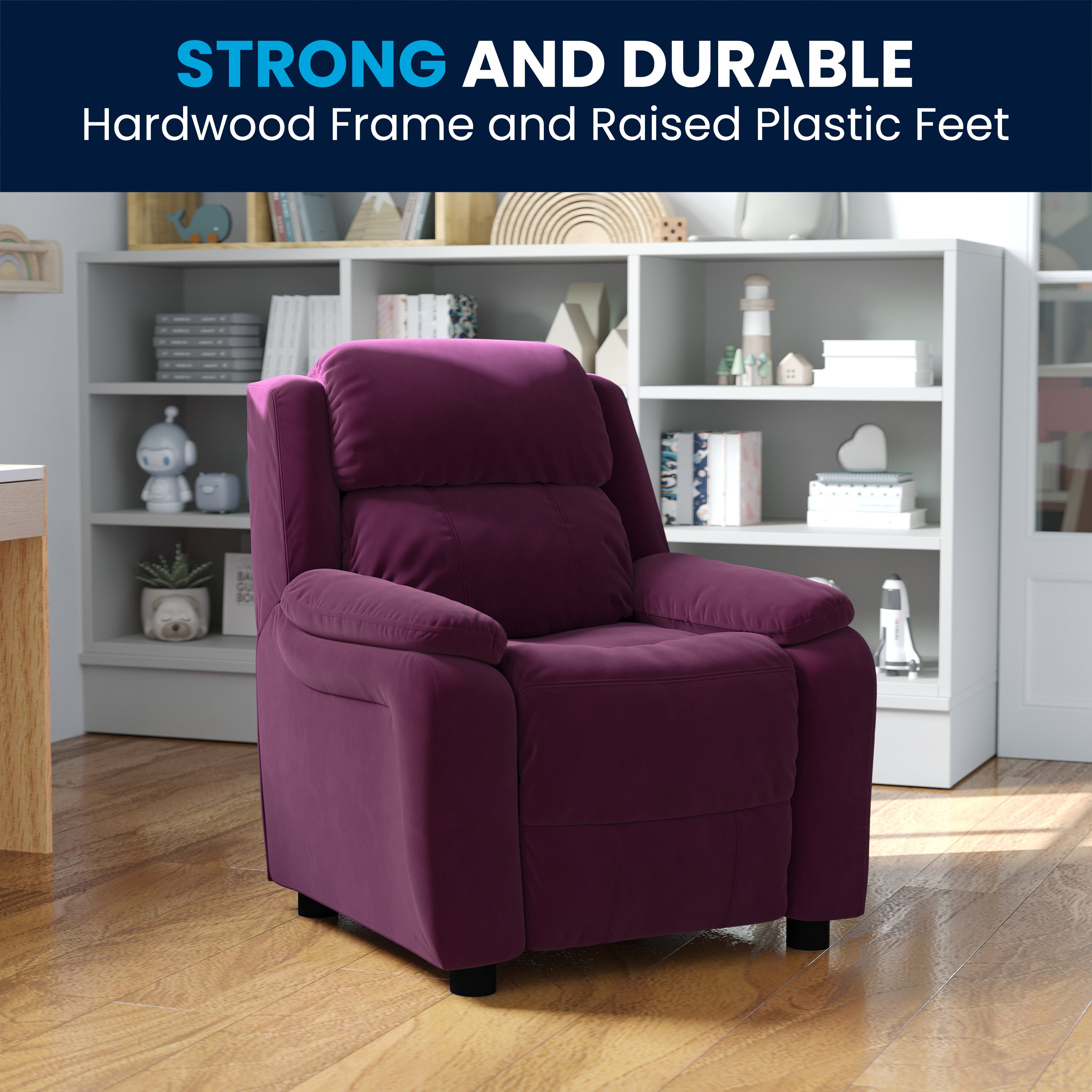 Charlie Deluxe Padded Contemporary Purple Microfiber Kids Recliner with Storage Arms