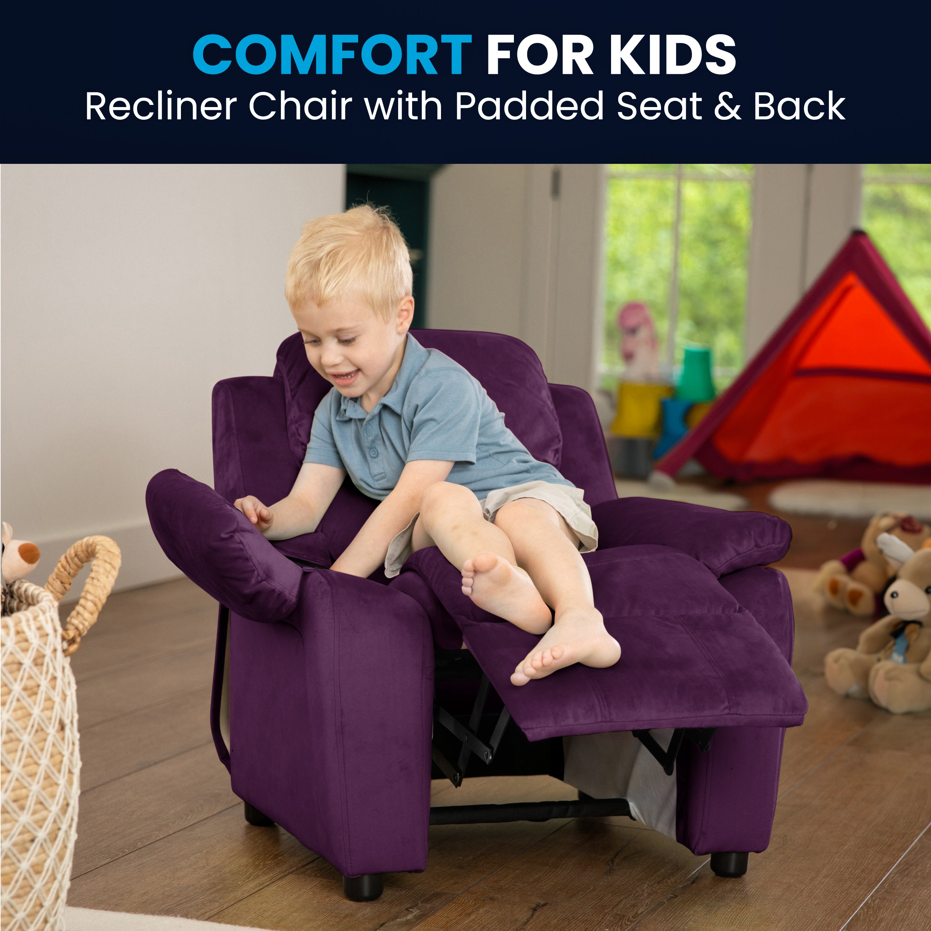 Charlie Deluxe Padded Contemporary Purple Microfiber Kids Recliner with Storage Arms