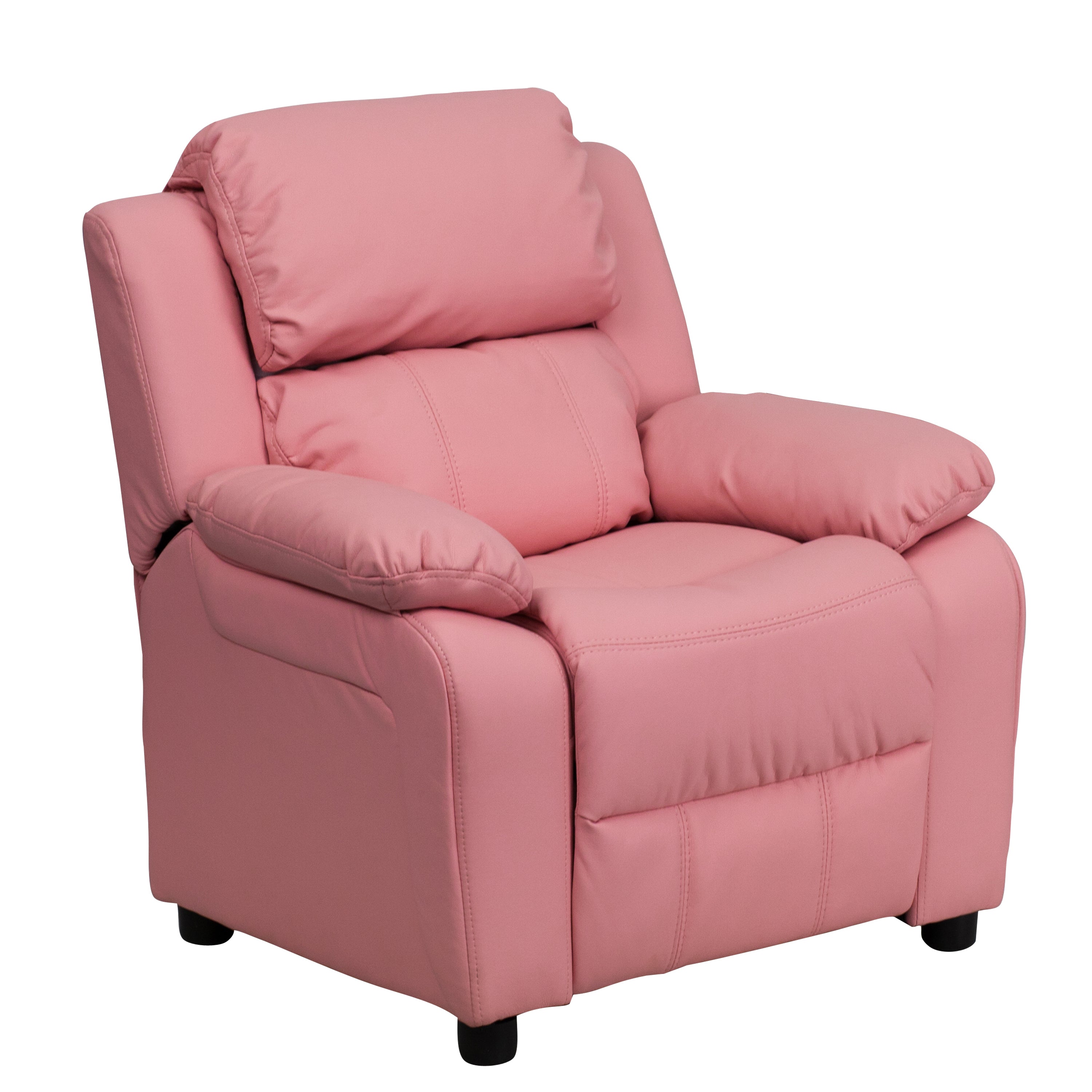 Charlie Deluxe Padded Contemporary Pink Vinyl Kids Recliner with Storage Arms