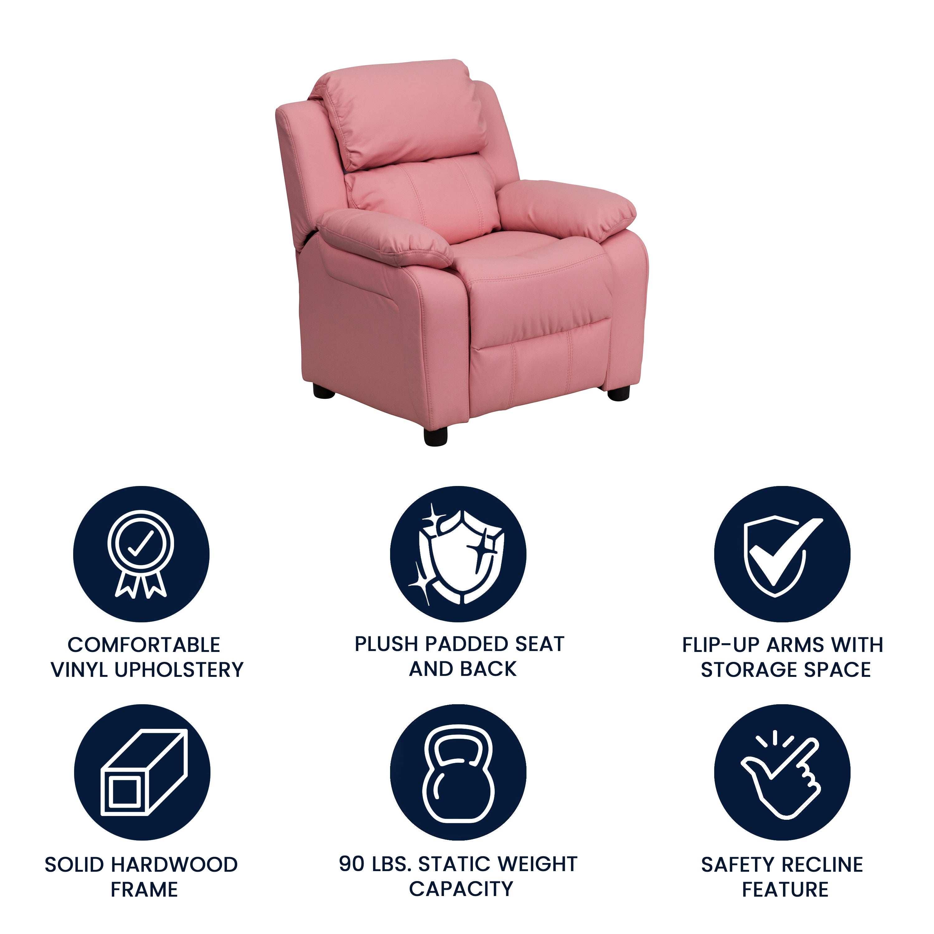 Charlie Deluxe Padded Contemporary Pink Vinyl Kids Recliner with Storage Arms