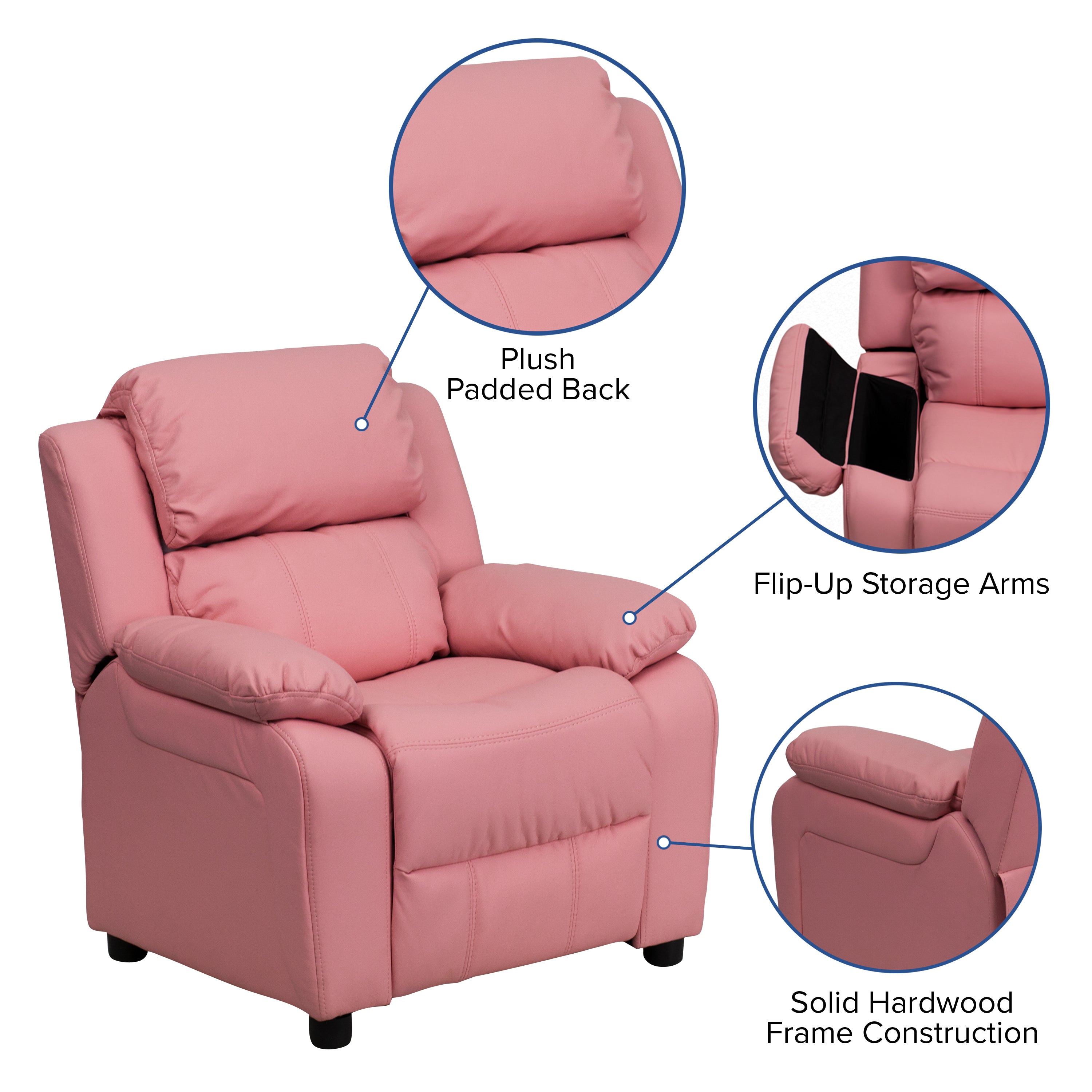 Charlie Deluxe Padded Contemporary Pink Vinyl Kids Recliner with Storage Arms