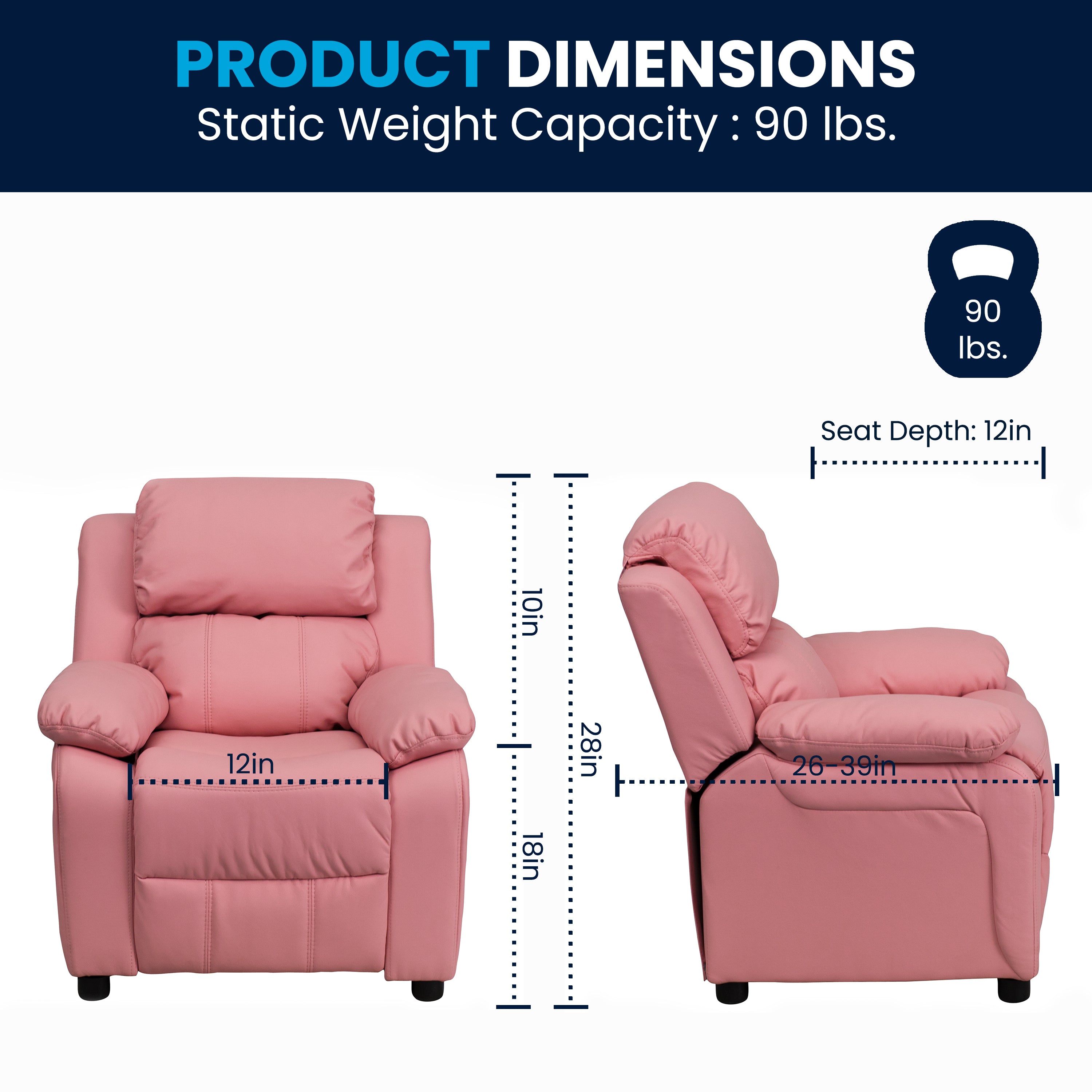 Charlie Deluxe Padded Contemporary Pink Vinyl Kids Recliner with Storage Arms