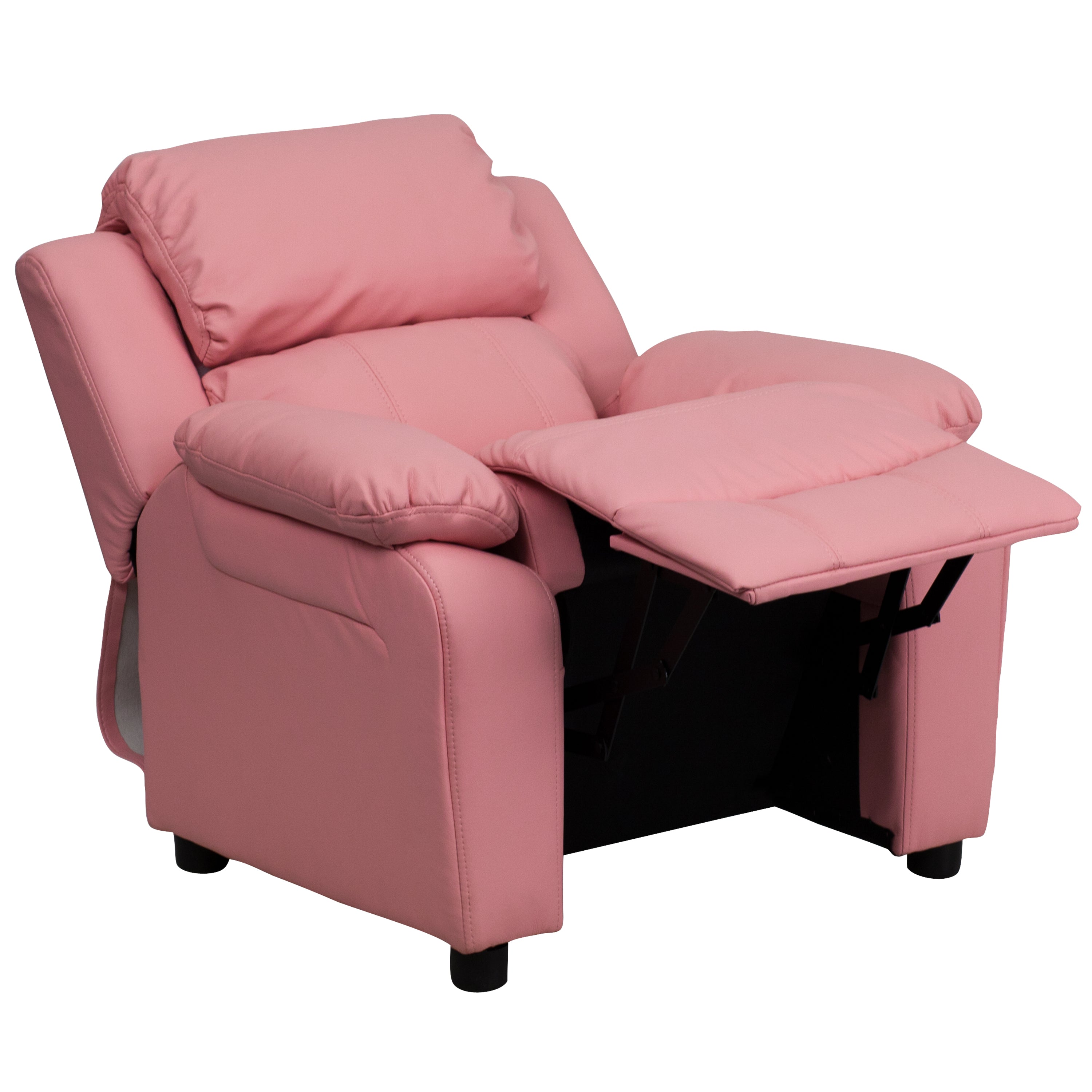 Charlie Deluxe Padded Contemporary Pink Vinyl Kids Recliner with Storage Arms