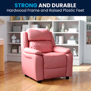 Charlie Deluxe Padded Contemporary Pink Vinyl Kids Recliner with Storage Arms