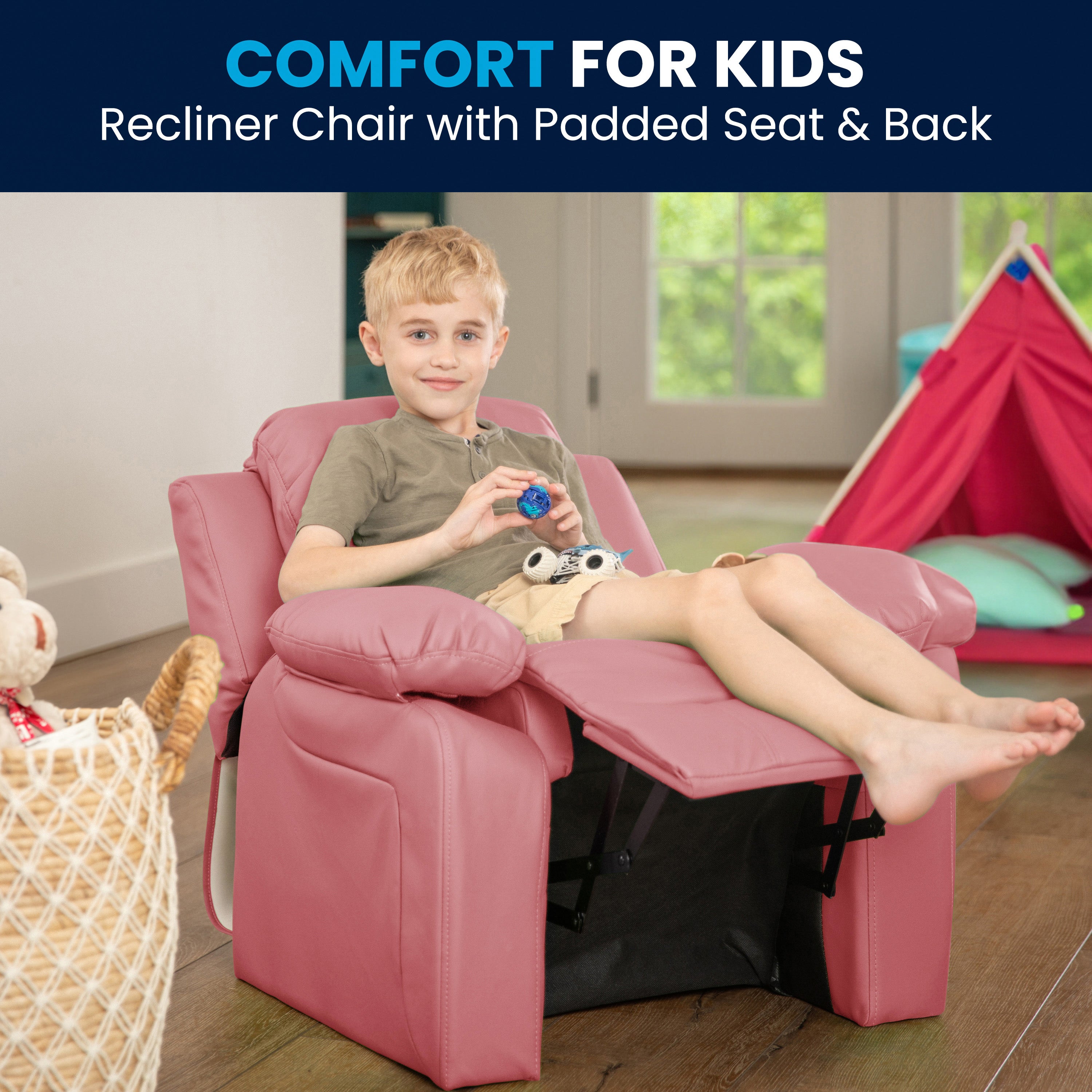 Charlie Deluxe Padded Contemporary Pink Vinyl Kids Recliner with Storage Arms