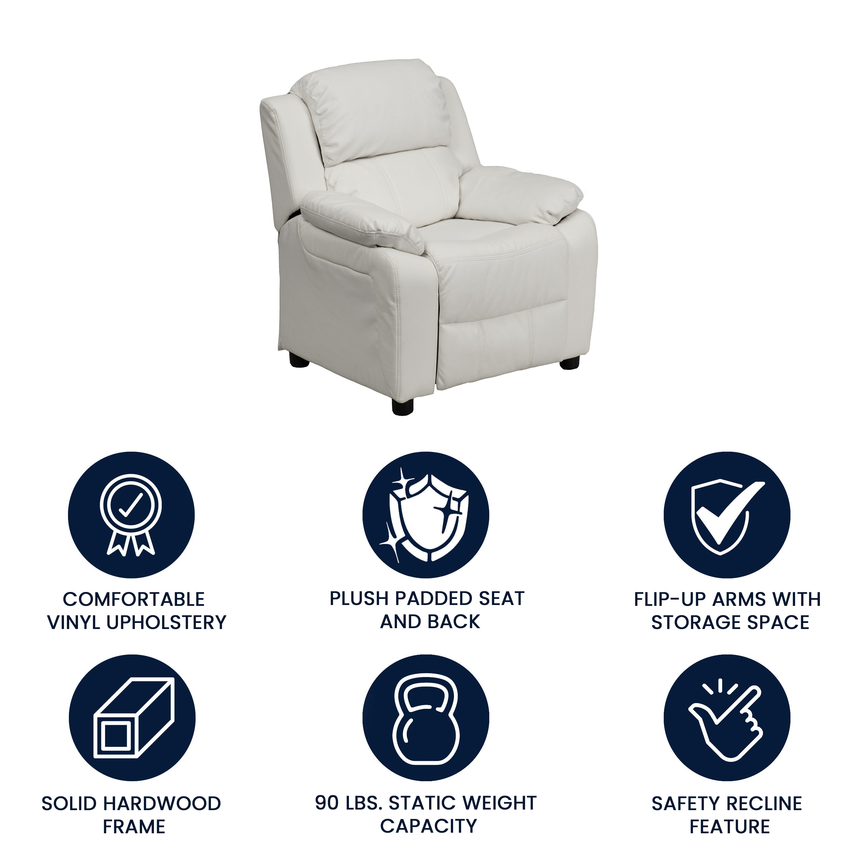 Charlie Deluxe Padded Contemporary White Vinyl Kids Recliner with Storage Arms