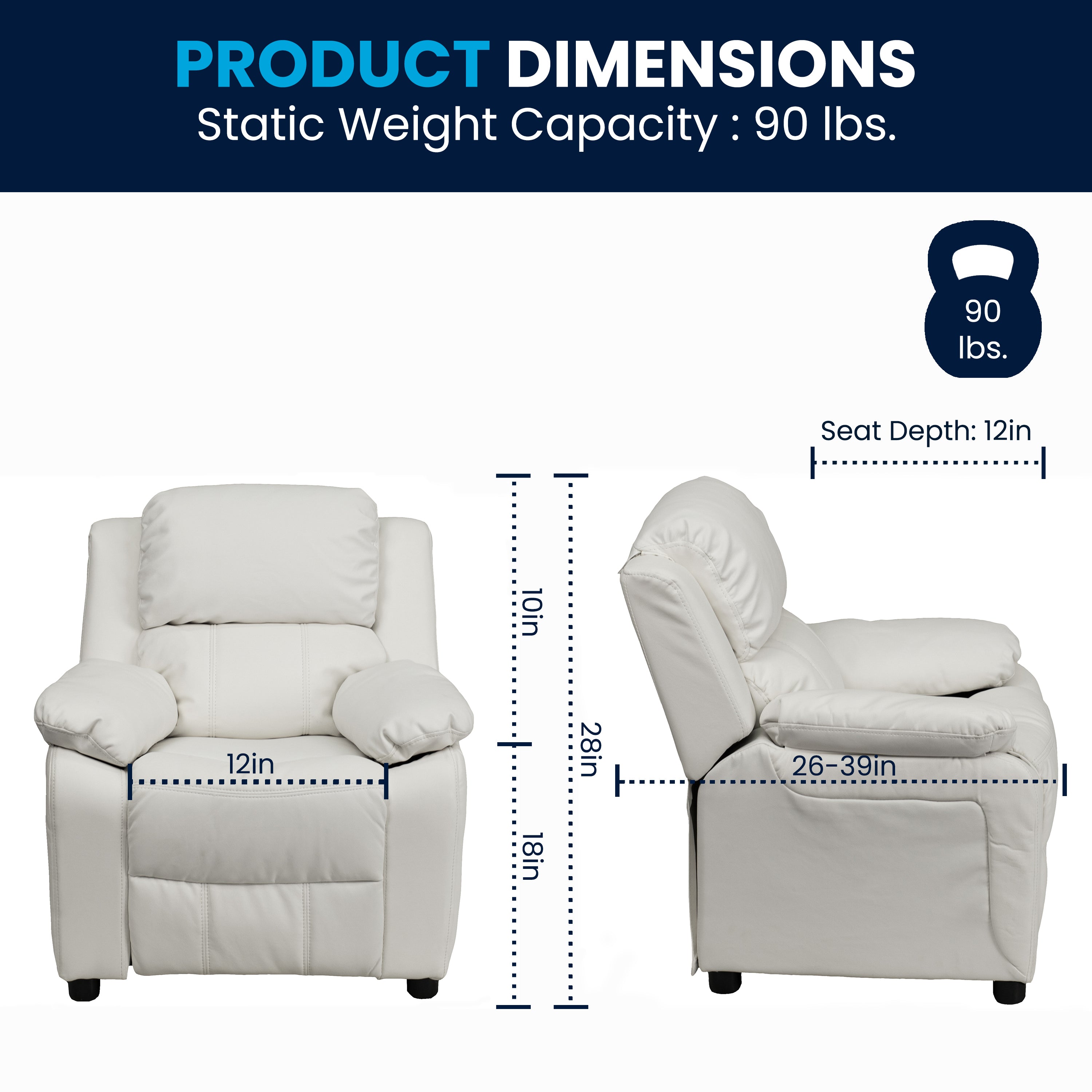 Charlie Deluxe Padded Contemporary White Vinyl Kids Recliner with Storage Arms