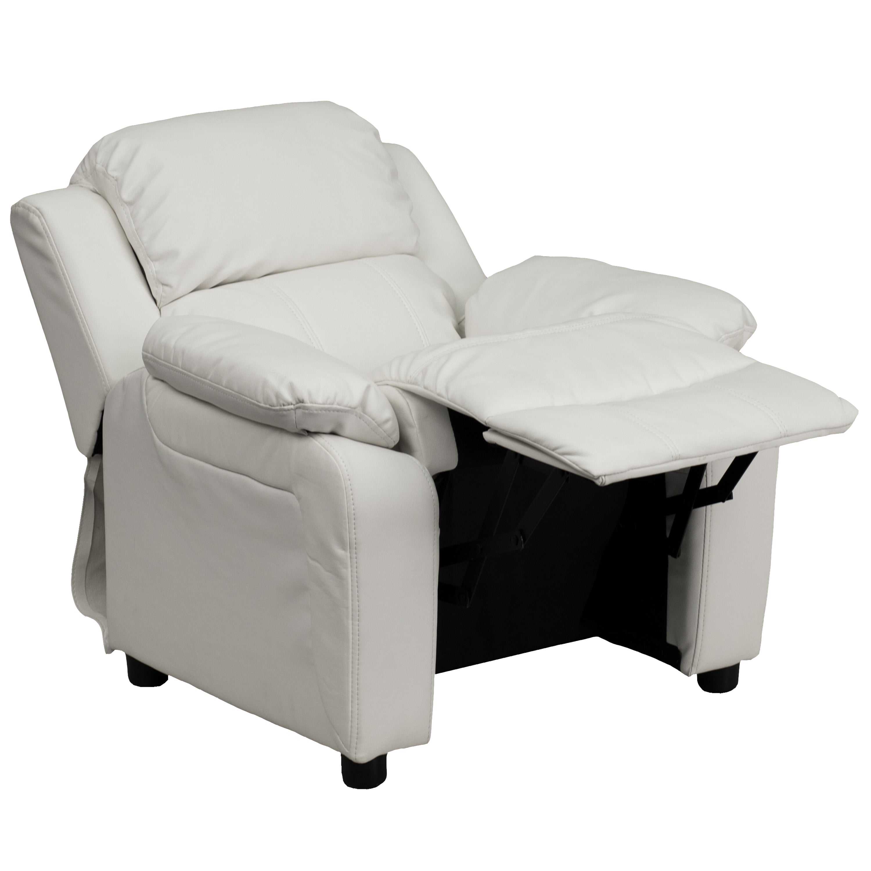 Charlie Deluxe Padded Contemporary White Vinyl Kids Recliner with Storage Arms