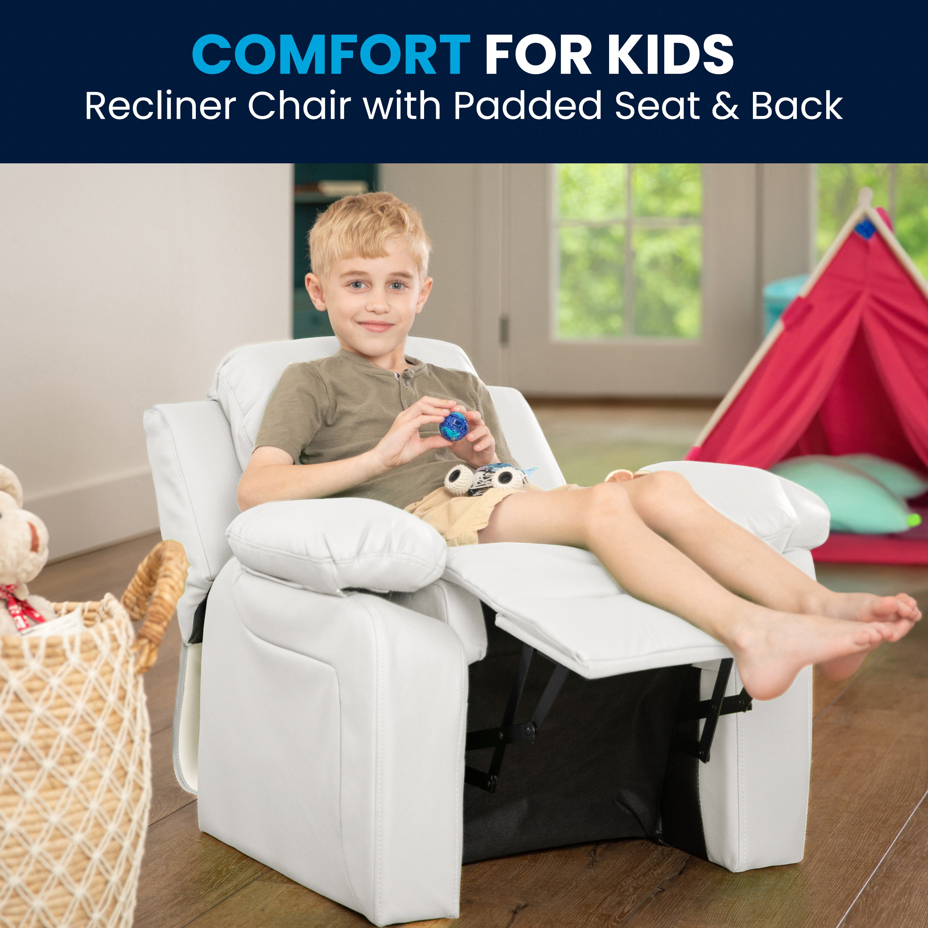 Charlie Deluxe Padded Contemporary White Vinyl Kids Recliner with Storage Arms