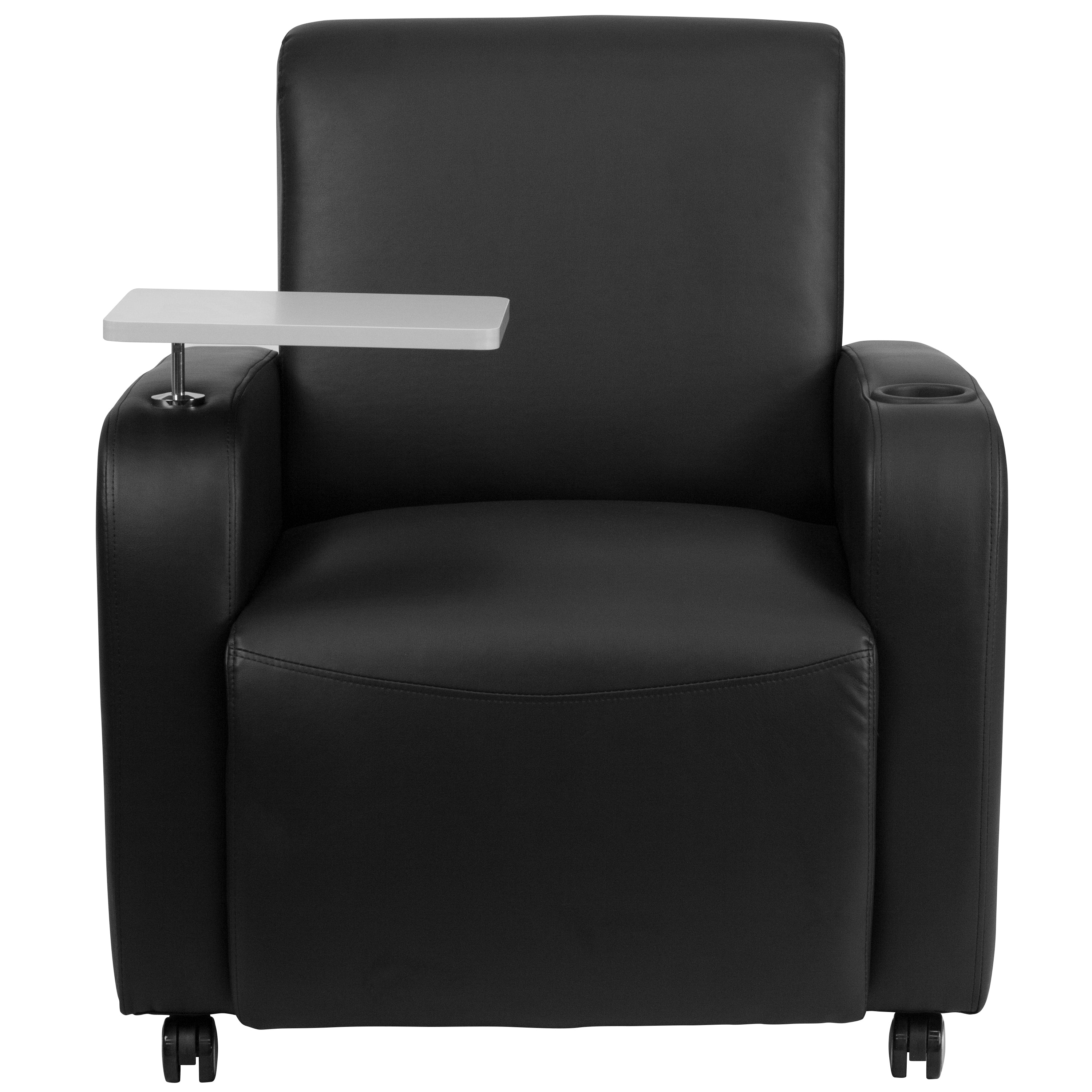 George Black LeatherSoft Guest Chair with Tablet Arm, Front Wheel Casters and Cup Holder