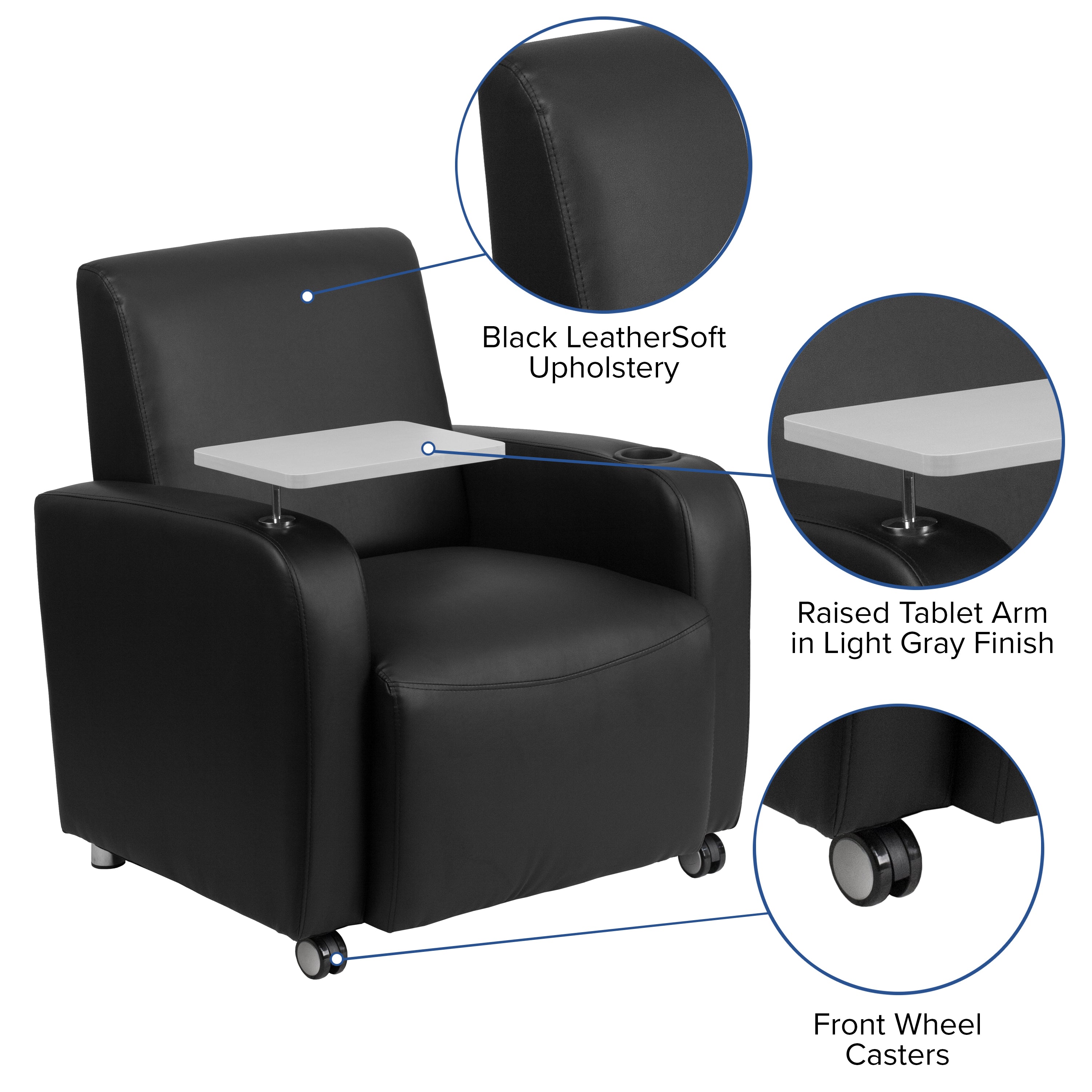George Black LeatherSoft Guest Chair with Tablet Arm, Front Wheel Casters and Cup Holder