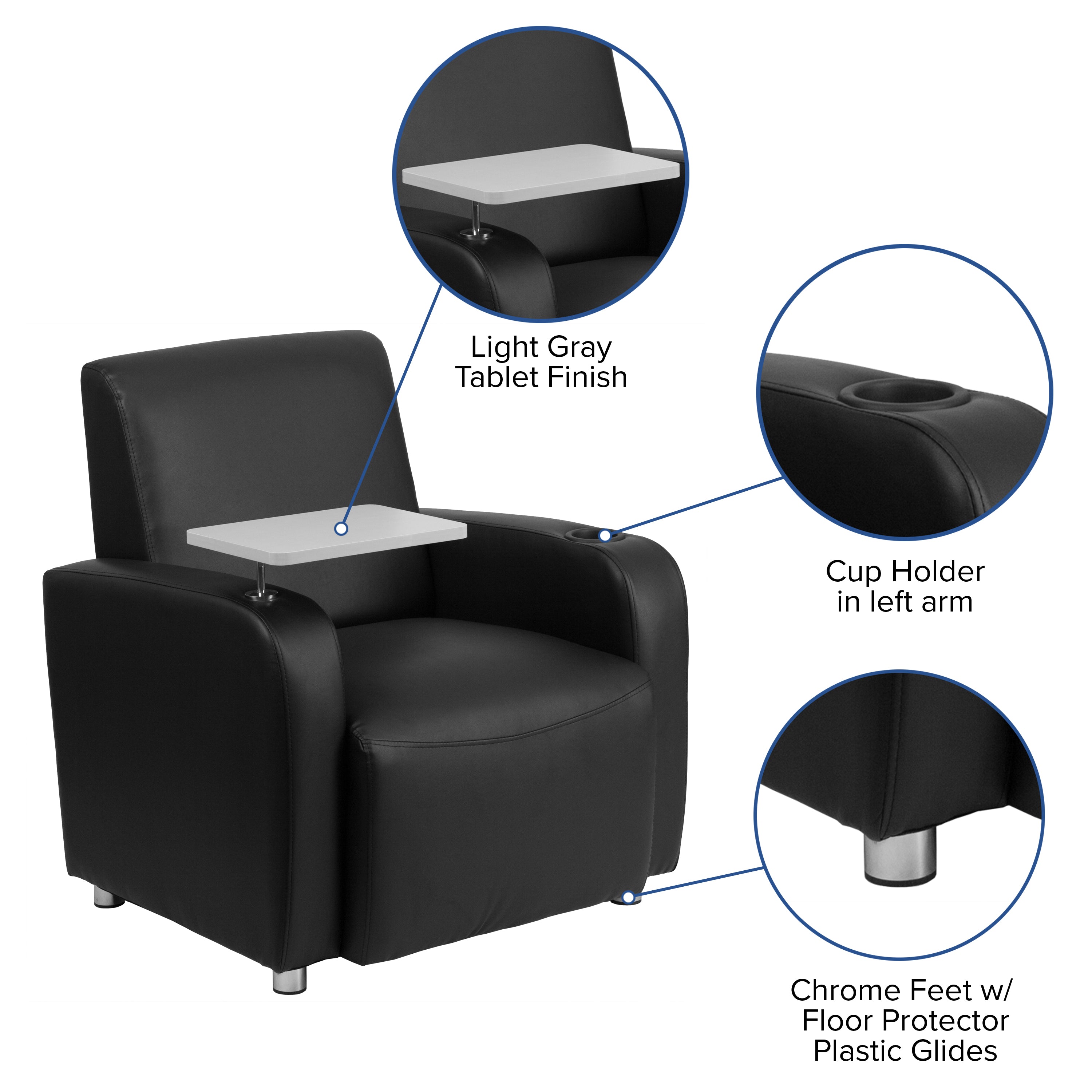 George Black LeatherSoft Guest Chair with Tablet Arm, Chrome Legs and Cup Holder