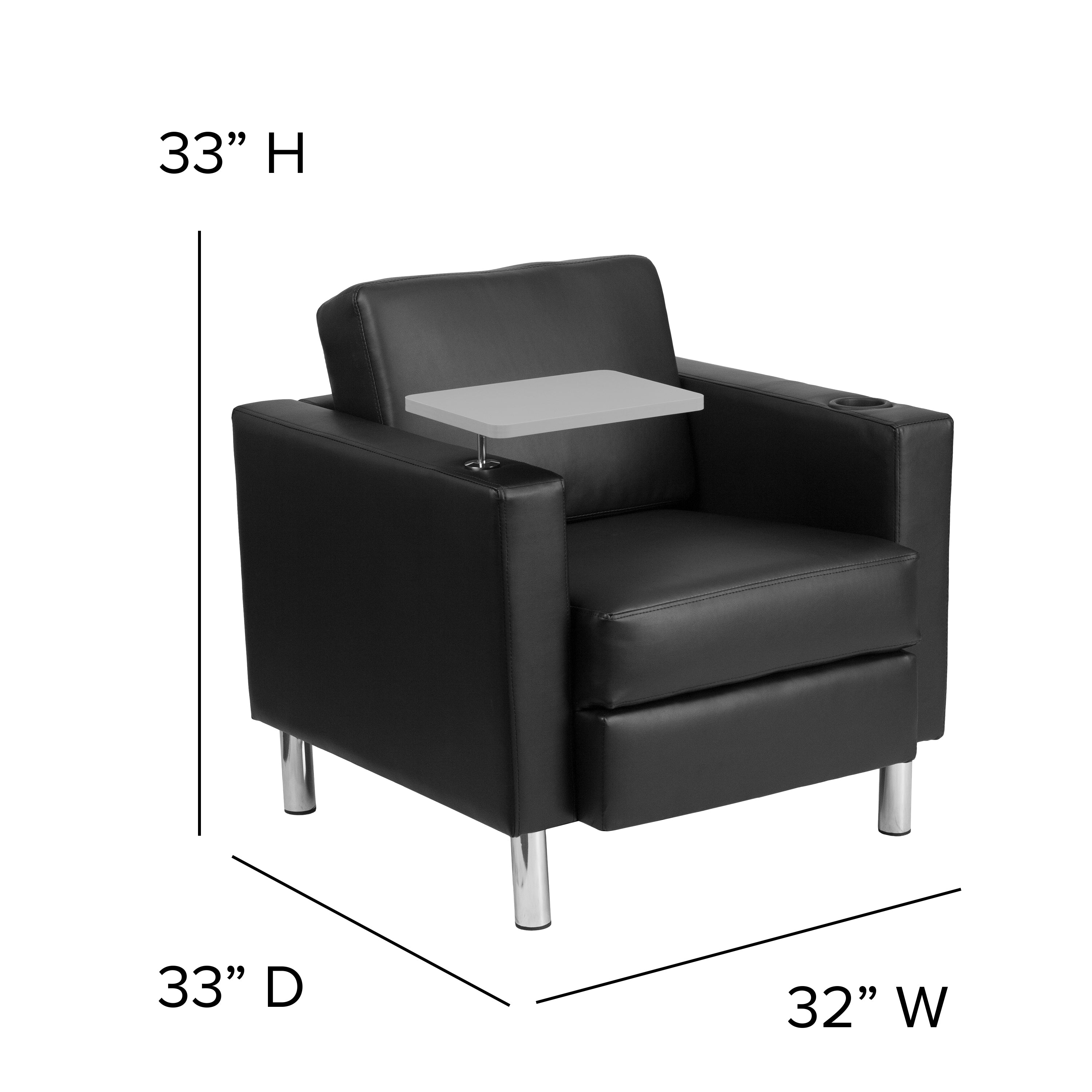 George Black LeatherSoft Guest Chair with Tablet Arm, Tall Chrome Legs and Cup Holder