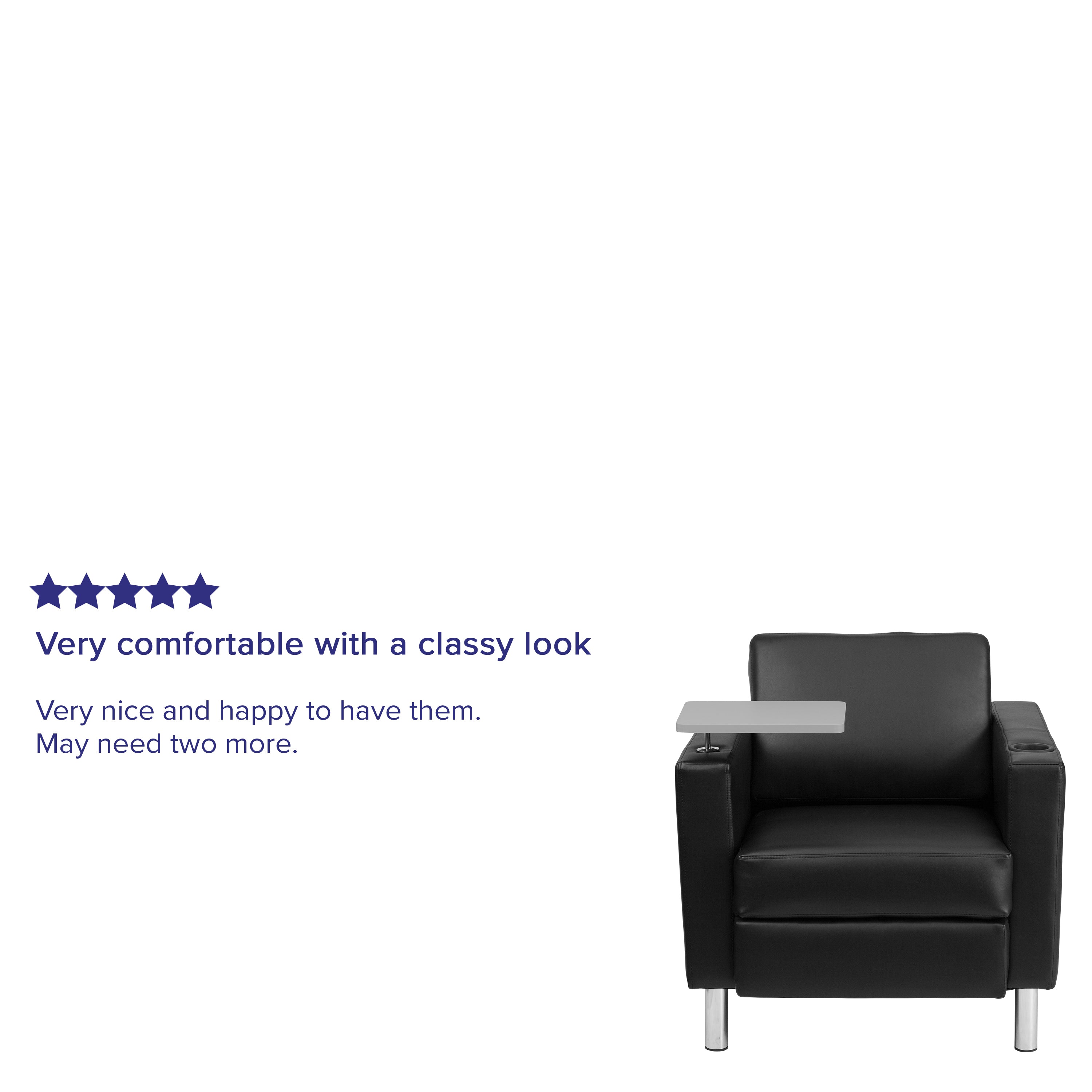 George Black LeatherSoft Guest Chair with Tablet Arm, Tall Chrome Legs and Cup Holder