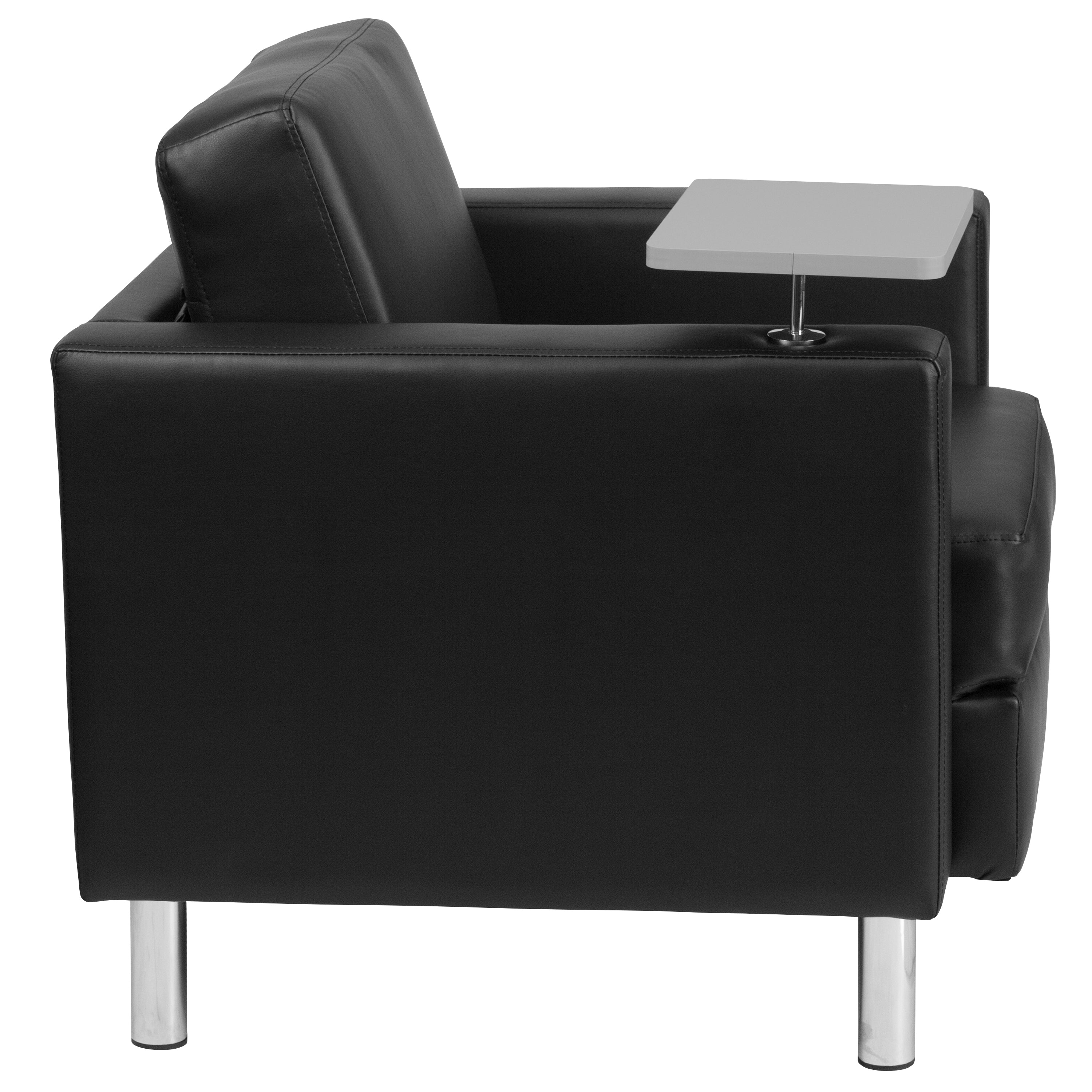 George Black LeatherSoft Guest Chair with Tablet Arm, Tall Chrome Legs and Cup Holder