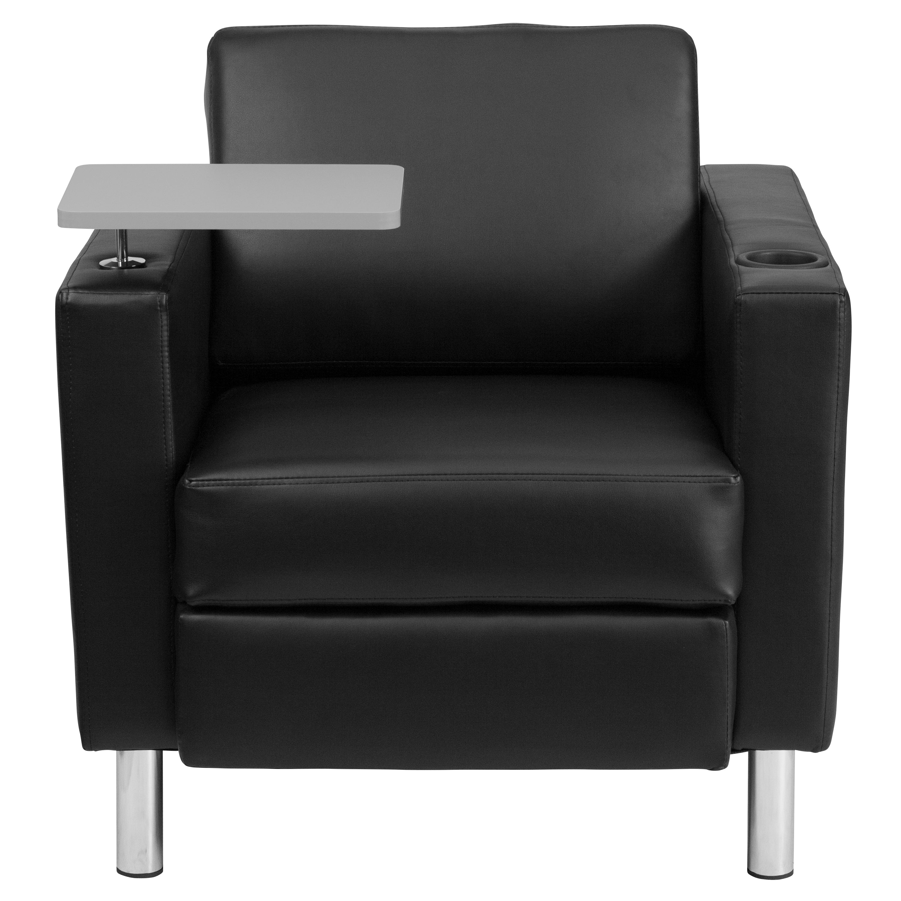 George Black LeatherSoft Guest Chair with Tablet Arm, Tall Chrome Legs and Cup Holder