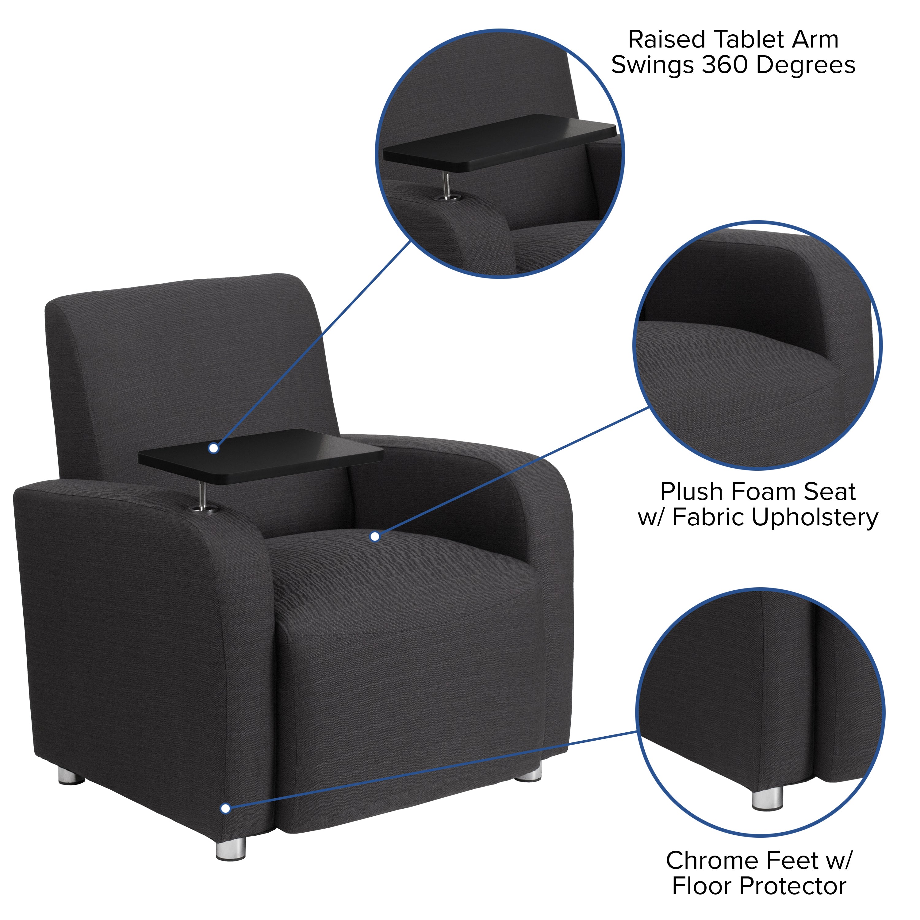 George Black LeatherSoft Guest Chair with Tablet Arm, Tall Chrome Legs and Cup Holder