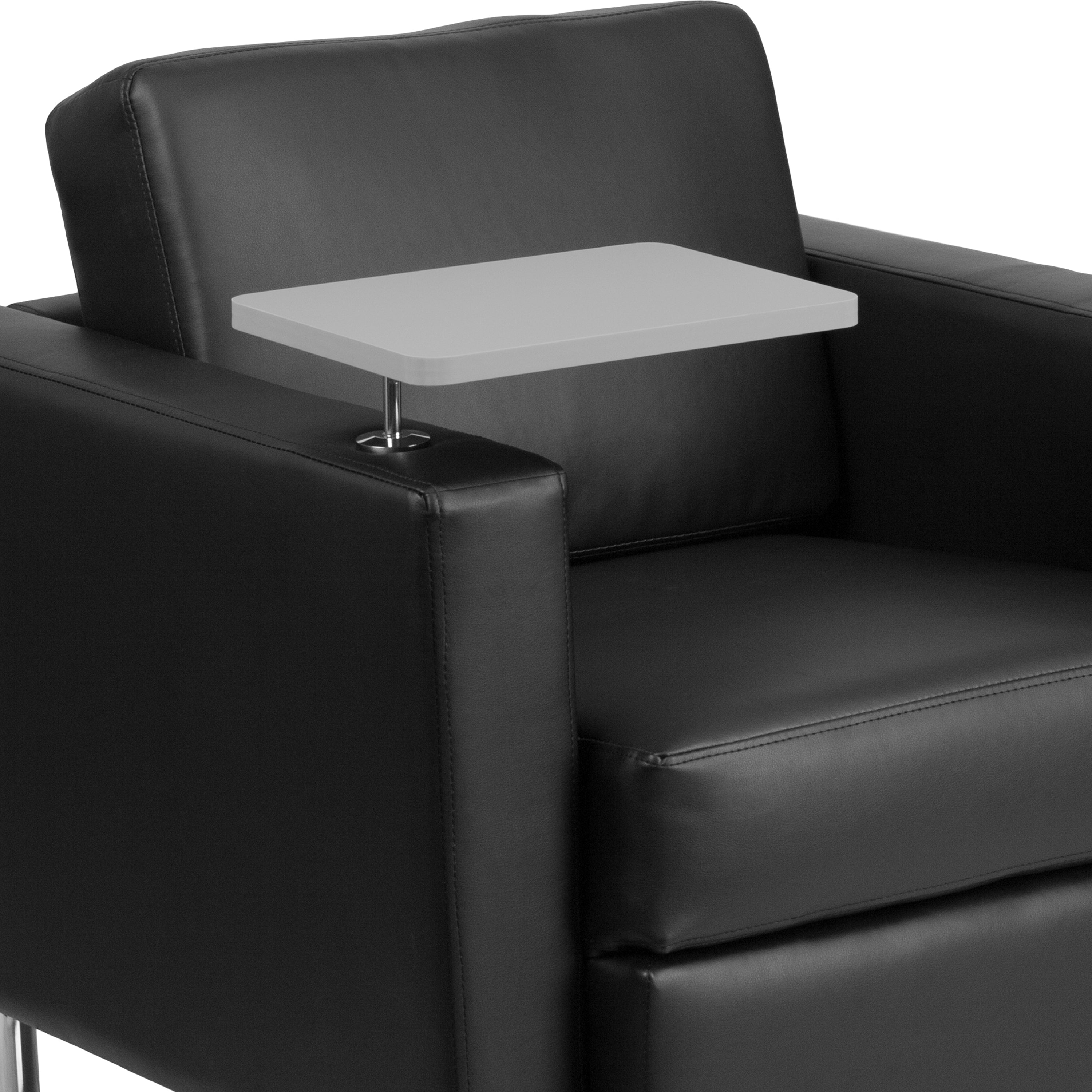 George Black LeatherSoft Guest Chair with Tablet Arm, Tall Chrome Legs and Cup Holder
