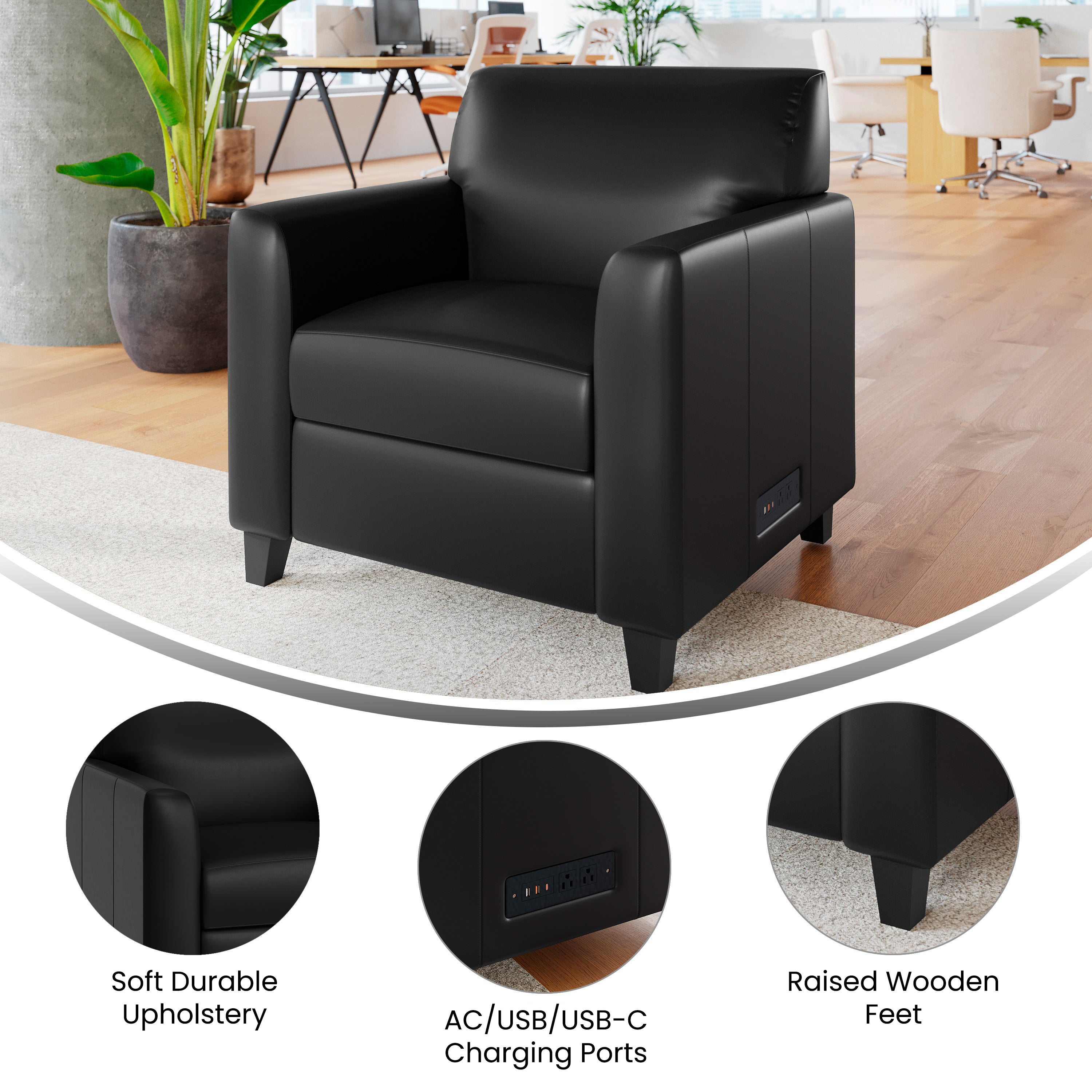 Agent Black LeatherSoft Reception Chair with Right Side Charging Bank, Includes 2 Outlets, 2USB Ports, 1 USB-C Port, Solid Wood Legs