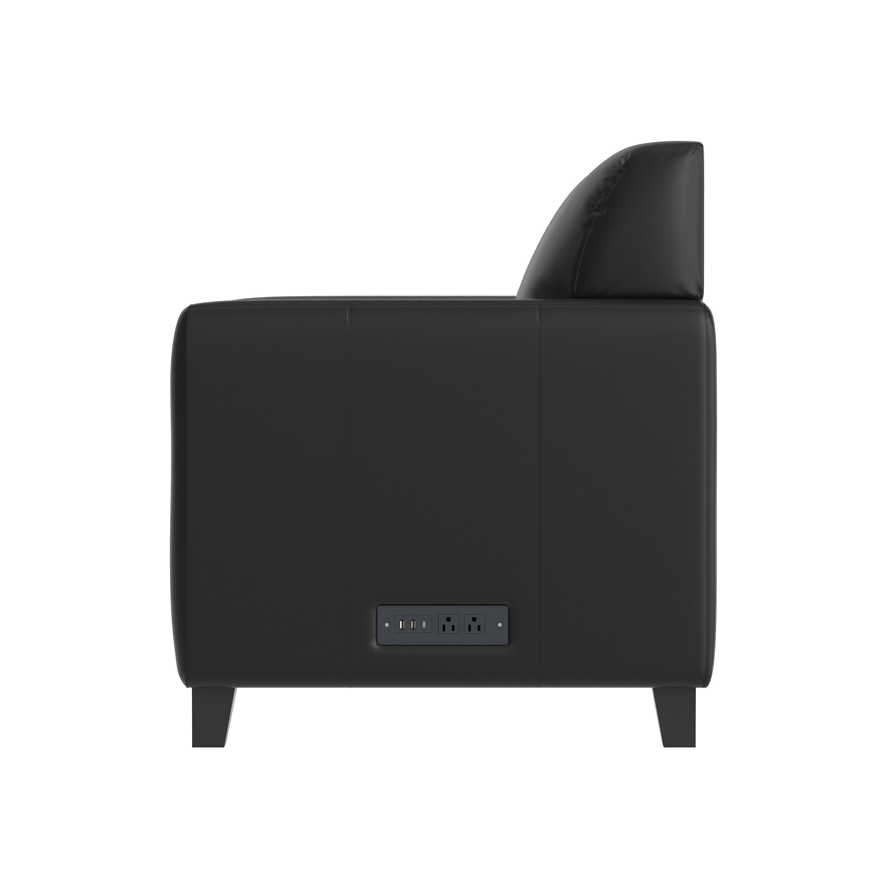 Agent Black LeatherSoft Reception Chair with Right Side Charging Bank, Includes 2 Outlets, 2USB Ports, 1 USB-C Port, Solid Wood Legs